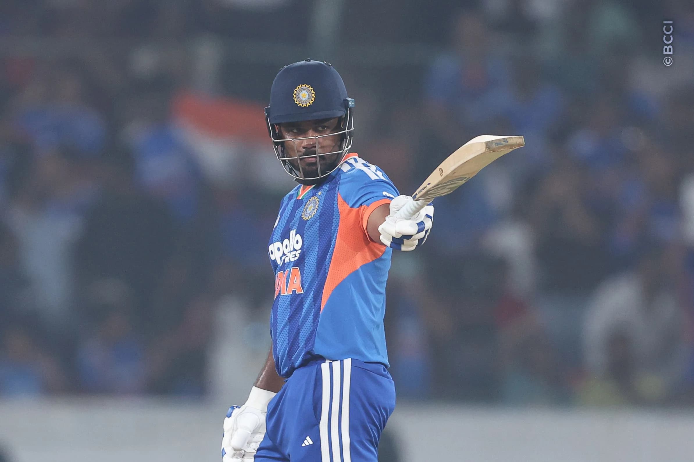 Sanju Samson of India celebrates after scoring a fifty during the 4th T20I match between India and West Indies at the Rajiv Gandhi International Stadium, Hyderabad, India on October 14, 2026.Photo: Pankaj Nangia / CREIMAS for BCCI