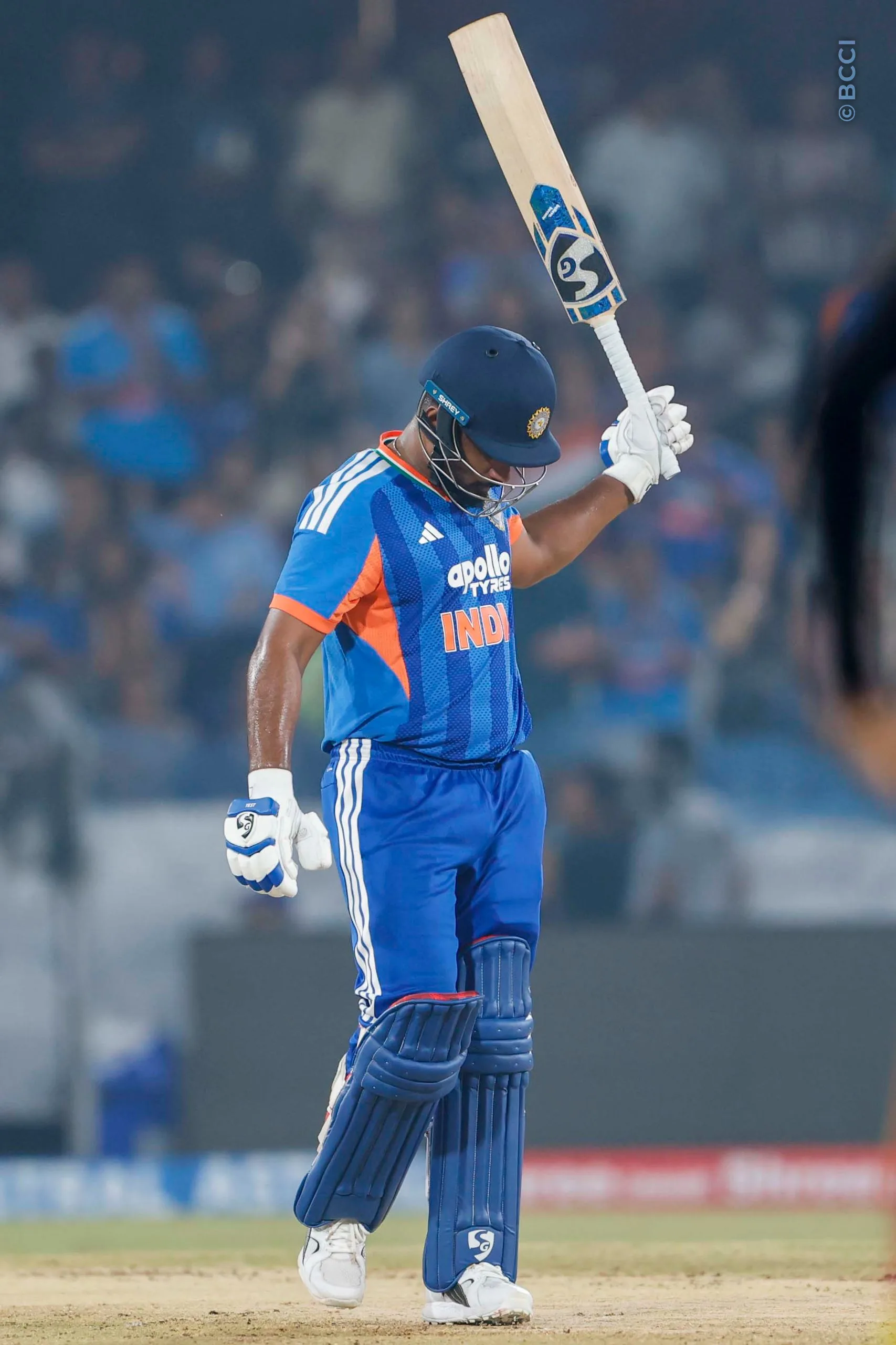 Sanju Samson celebrates the fifty during the 4th T20I match between India and West Indies at the Rajiv Gandhi International Stadium, Hyderabad, India on October 14, 2026.Photo: Surjeet Yadav / CREIMAS for BCCI