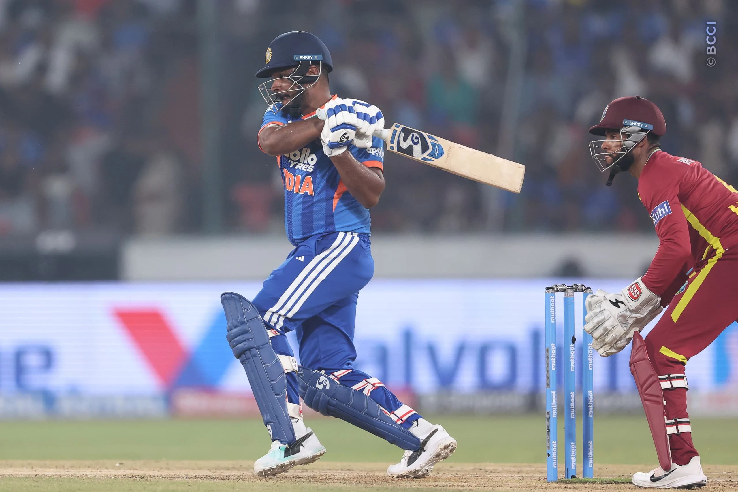 Sanju Samson of India  plays a shot during the 4th T20I match between India and West Indies at the Rajiv Gandhi International Stadium, Hyderabad, India on October 14, 2026.Photo: Pankaj Nangia / CREIMAS for BCCI