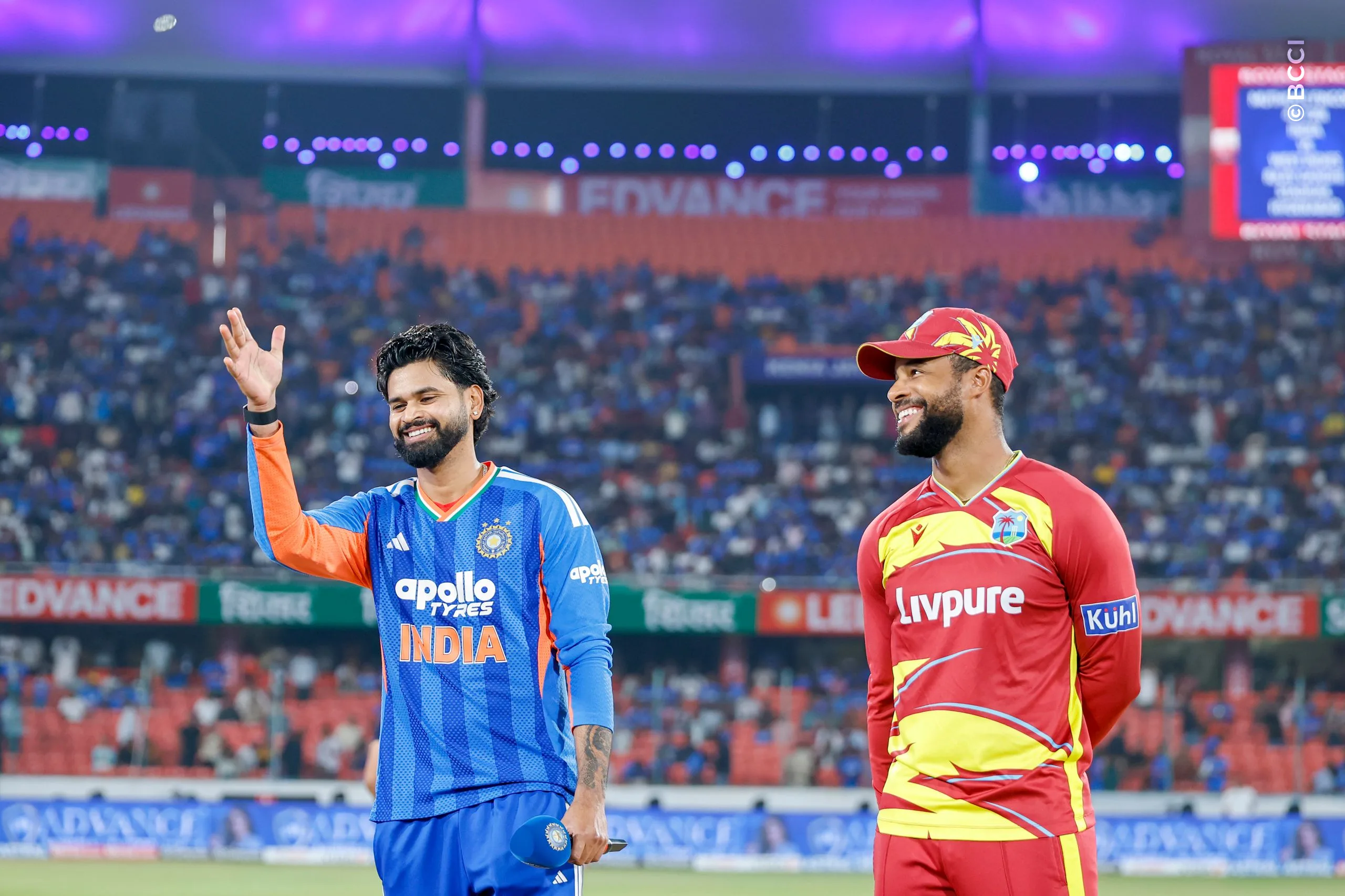 Shreyas Iyer of India and Shai Hope of West Indies at the toss during the 4th T20I match between India and West Indies at the Rajiv Gandhi International Stadium, Hyderabad, India on October 14, 2026.Photo: Surjeet Yadav / CREIMAS for BCCI