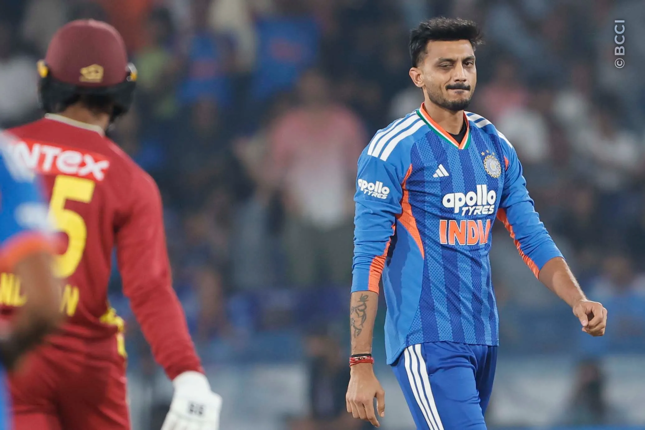 Axar Patel of India celebrates the wicket of Kamil Pooran of West Indies during the 4th T20I match between India and West Indies at the Rajiv Gandhi International Stadium, Hyderabad, India on October 14, 2026.Photo: Surjeet Yadav / CREIMAS for BCCI