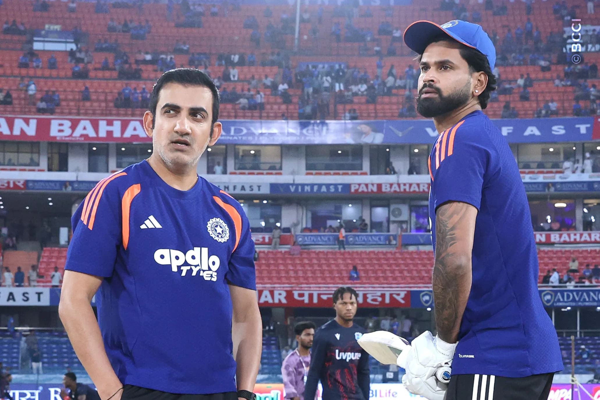 Gautam Gambhir Head Coach of India and Shreyas Iyer of India prior to the 4th T20I match between India and West Indies at the Rajiv Gandhi International Stadium, Hyderabad, India on October 14, 2026.Photo: Pankaj Nangia / CREIMAS for BCCI