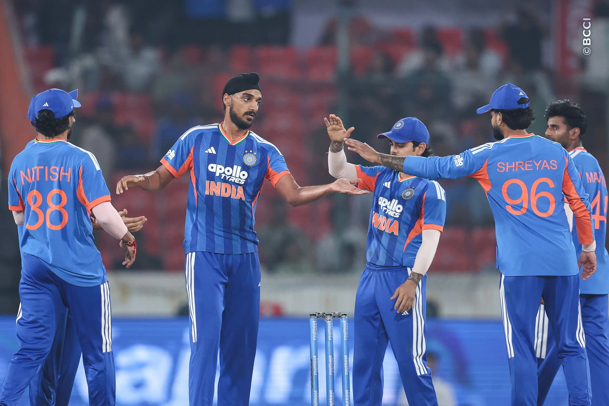 Arshdeep Singh of India  celebrates the wicket of Rovman Powell of West Indies during the 4th T20I match between India and West Indies at the Rajiv Gandhi International Stadium, Hyderabad, India on October 14, 2026.Photo: Pankaj Nangia / CREIMAS for BCCI