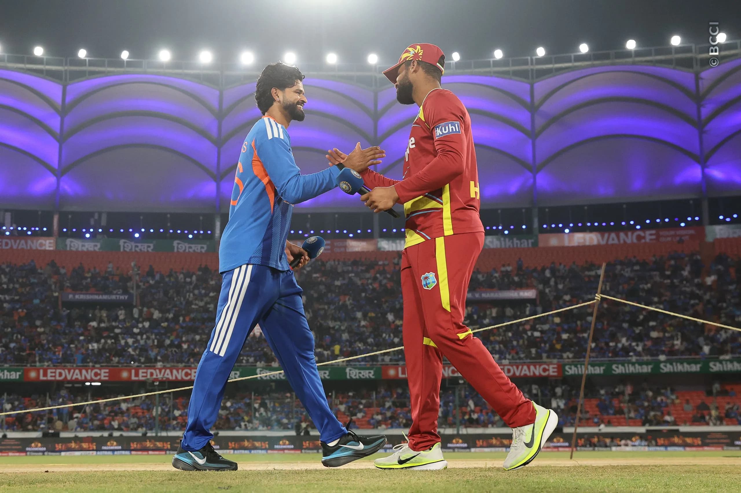 Shreyas Iyer of India and Shai Hope of West Indies at the toss during the 4th T20I match between India and West Indies at the Rajiv Gandhi International Stadium, Hyderabad, India on October 14, 2026.Photo: Pankaj Nangia / CREIMAS for BCCI