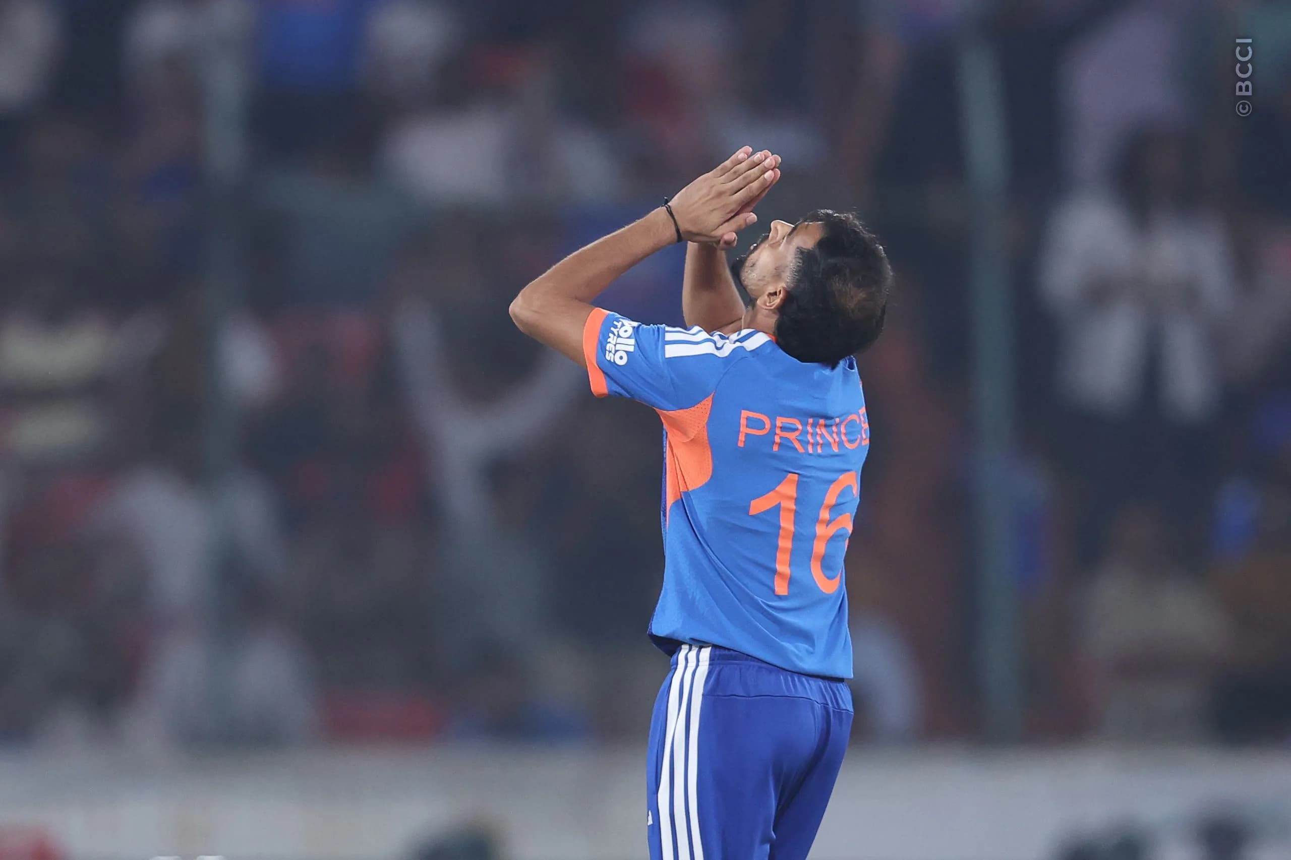 Prince Yadav of India  celebrates the wicket of Shimron Hetmyer of West Indies during the 4th T20I match between India and West Indies at the Rajiv Gandhi International Stadium, Hyderabad, India on October 14, 2026.Photo: Pankaj Nangia / CREIMAS for BCCI