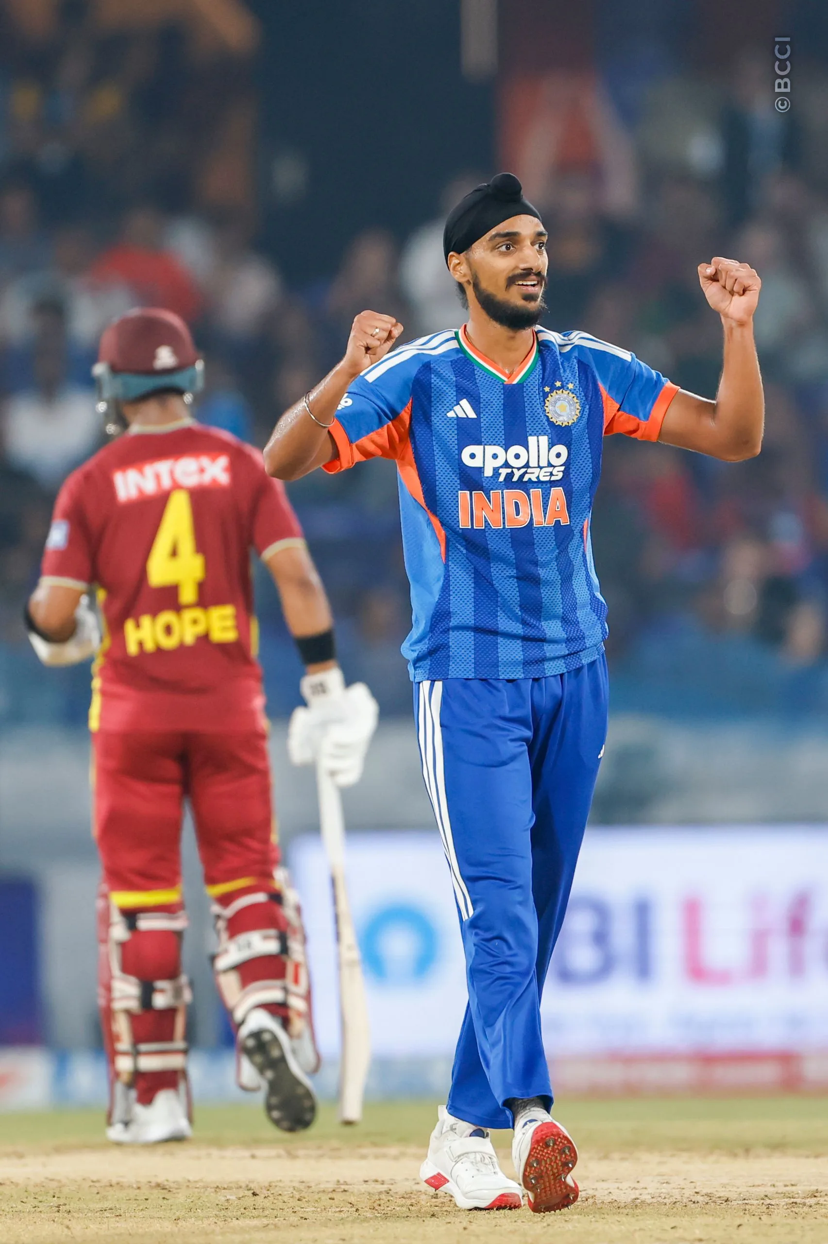 Arshdeep Singh of India  celebrates the wicket of Rovman Powell of West Indies during the 4th T20I match between India and West Indies at the Rajiv Gandhi International Stadium, Hyderabad, India on October 14, 2026.Photo: Surjeet Yadav / CREIMAS for BCCI