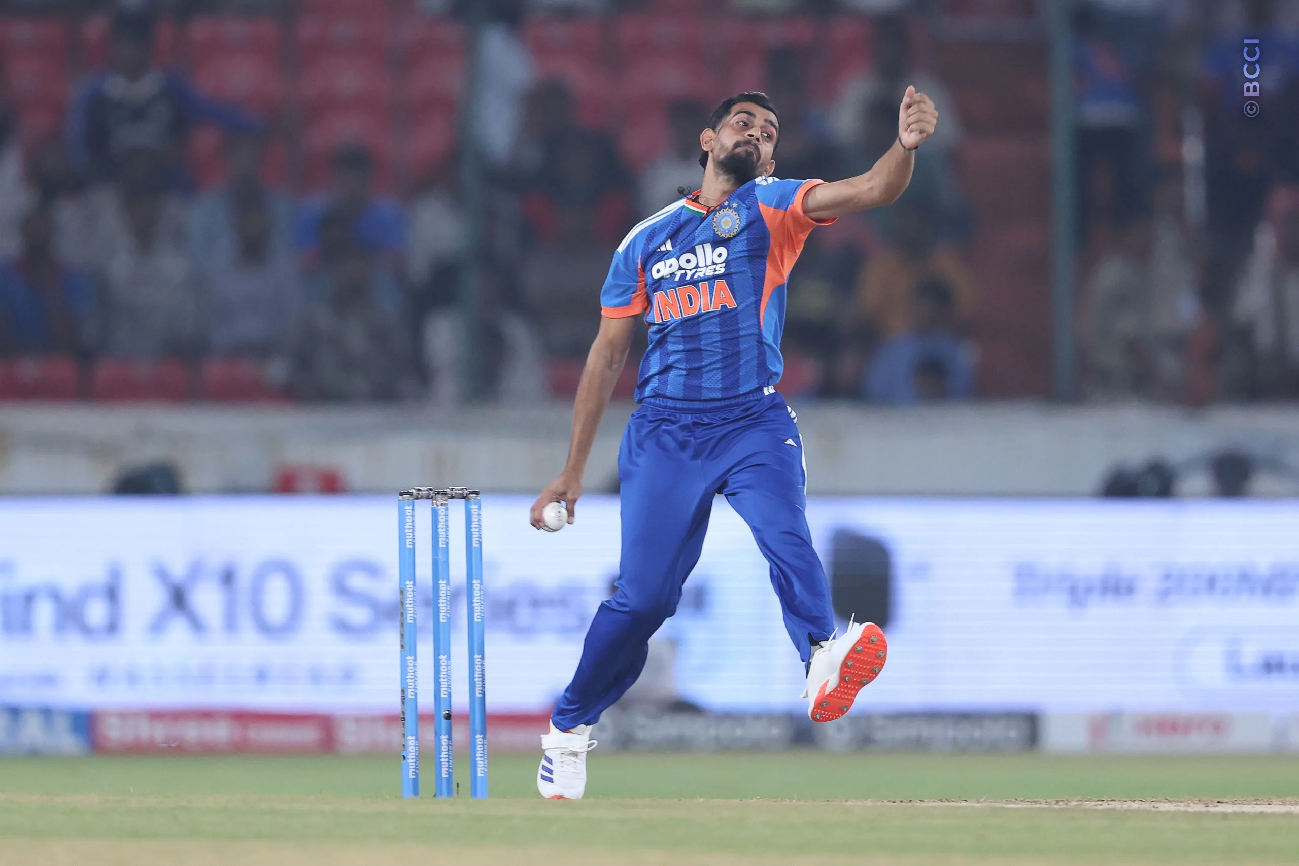 Prince Yadav of India during the 4th T20I match between India and West Indies at the Rajiv Gandhi International Stadium, Hyderabad, India on October 14, 2026.Photo: Pankaj Nangia / CREIMAS for BCCI