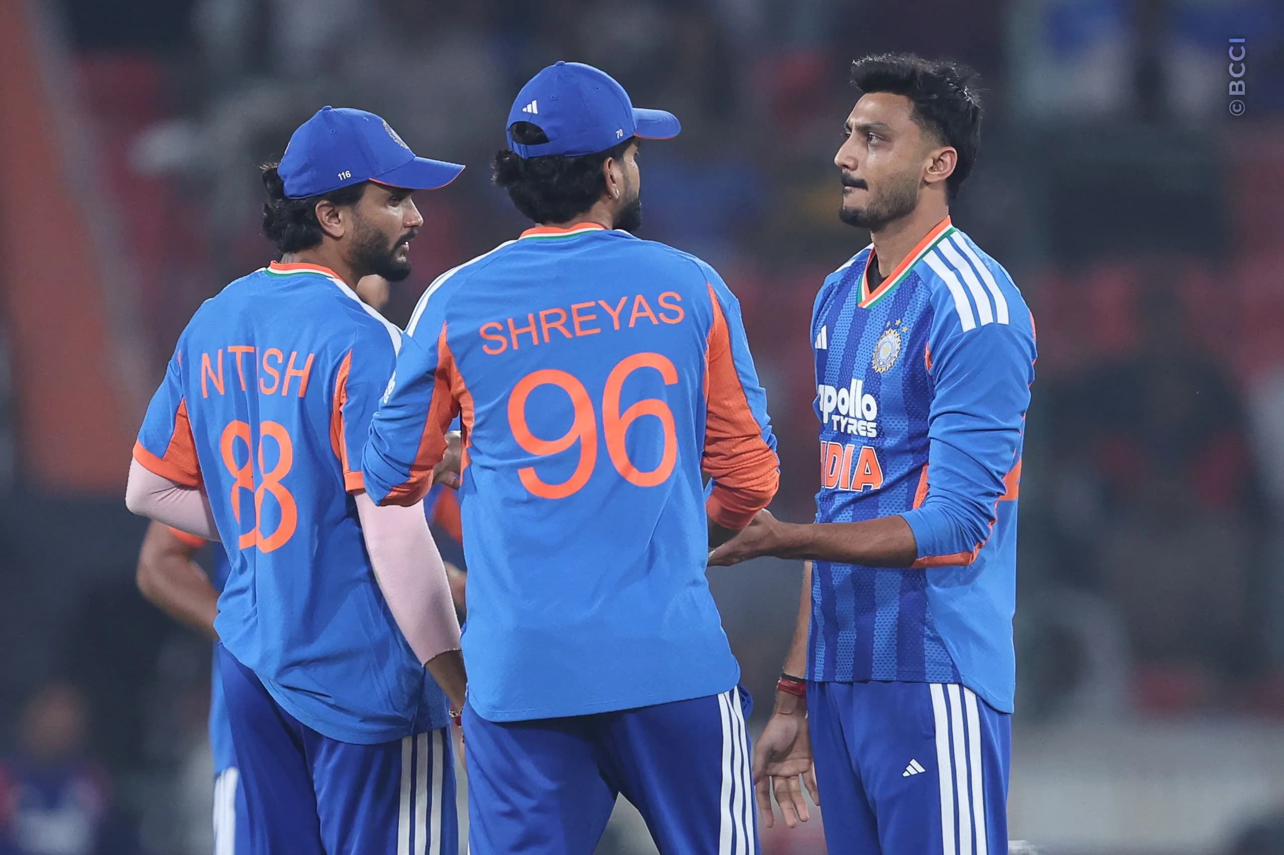 Axar Patel of India celebrates the wicket of Jewel Andrew of West Indies during the 4th T20I match between India and West Indies at the Rajiv Gandhi International Stadium, Hyderabad, India on October 14, 2026.Photo: Pankaj Nangia / CREIMAS for BCCI
