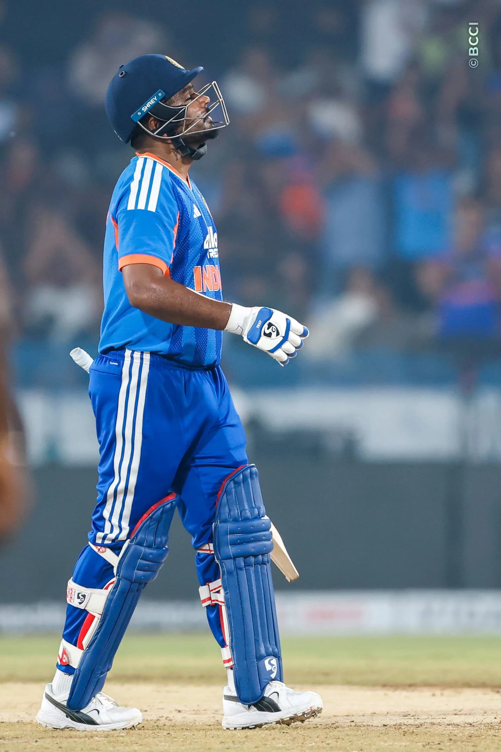 Sanju Samson celebrates the fifty during the 4th T20I match between India and West Indies at the Rajiv Gandhi International Stadium, Hyderabad, India on October 14, 2026.Photo: Surjeet Yadav / CREIMAS for BCCI