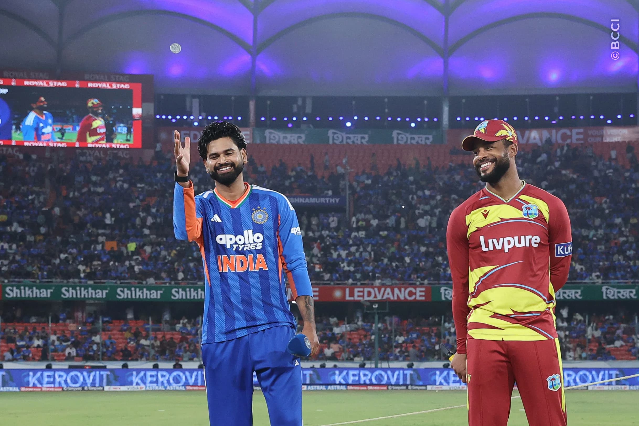 Shreyas Iyer of India and Shai Hope of West Indies at the toss during the 4th T20I match between India and West Indies at the Rajiv Gandhi International Stadium, Hyderabad, India on October 14, 2026.Photo: Pankaj Nangia / CREIMAS for BCCI