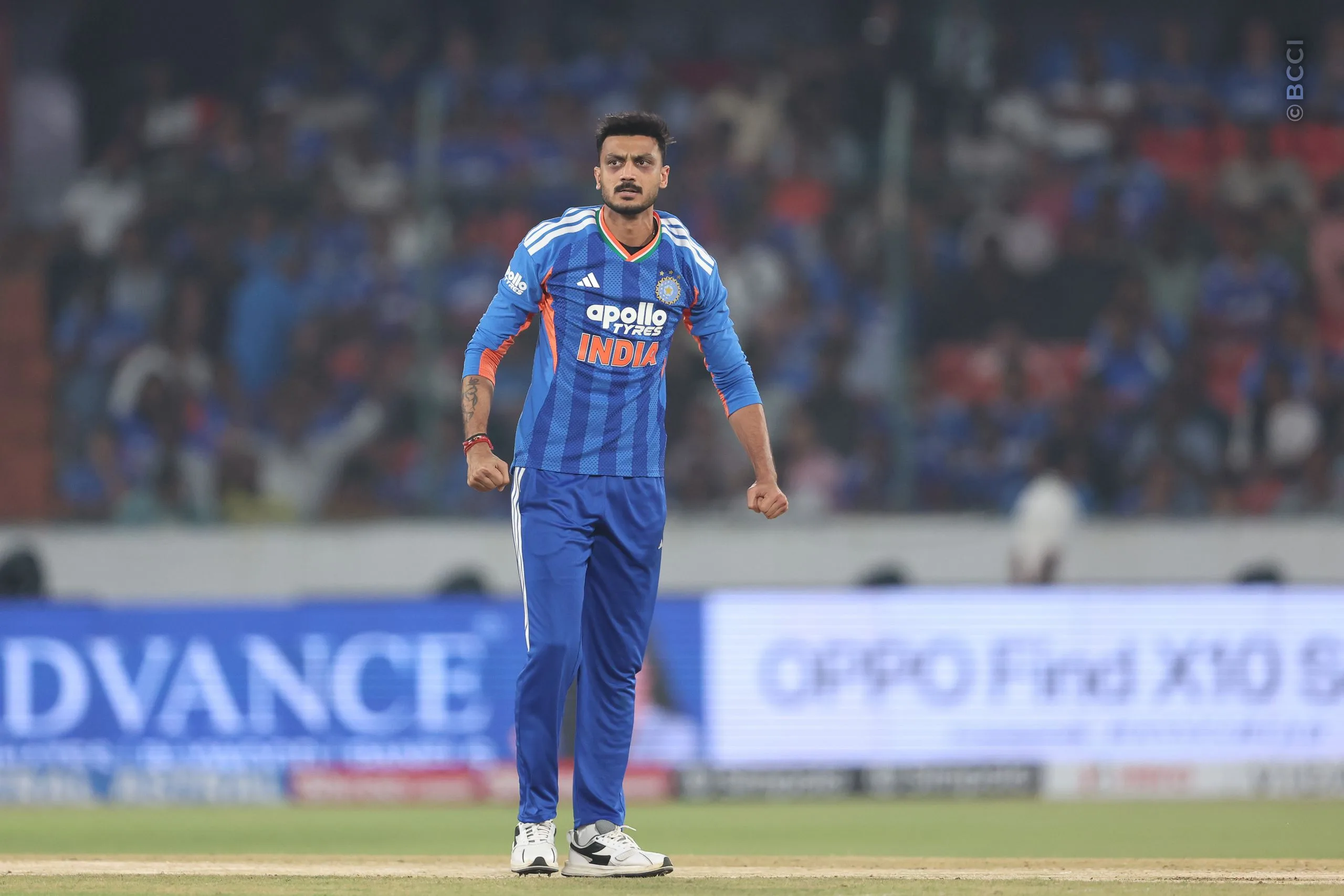 Axar Patel of India celebrates the wicket of Jewel Andrew of West Indies during the 4th T20I match between India and West Indies at the Rajiv Gandhi International Stadium, Hyderabad, India on October 14, 2026.Photo: Pankaj Nangia / CREIMAS for BCCI