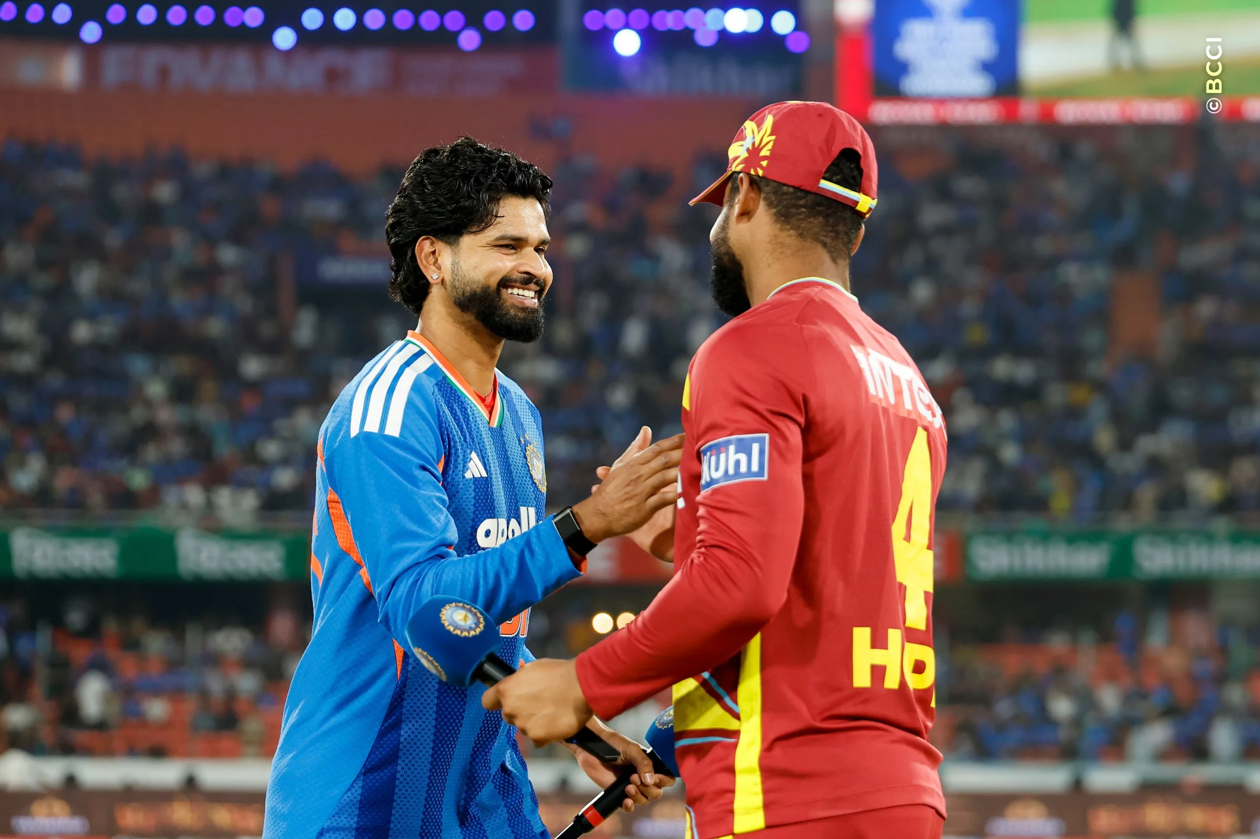Shreyas Iyer of India and Shai Hope of West Indies at the toss during the 4th T20I match between India and West Indies at the Rajiv Gandhi International Stadium, Hyderabad, India on October 14, 2026.Photo: Surjeet Yadav / CREIMAS for BCCI