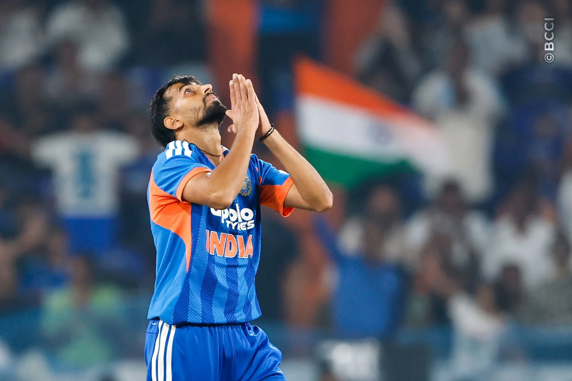 Prince Yadav of India  celebrates the wicket of Shimron Hetmyer of West Indies during the 4th T20I match between India and West Indies at the Rajiv Gandhi International Stadium, Hyderabad, India on October 14, 2026.Photo: Surjeet Yadav / CREIMAS for BCCI