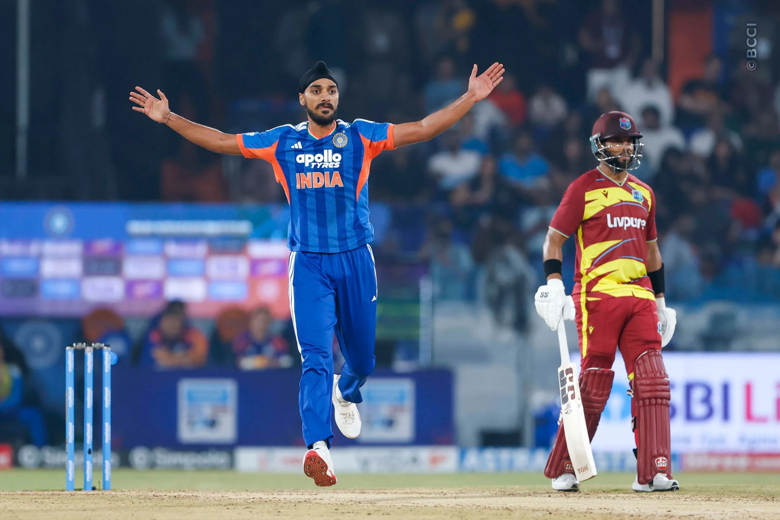 Arshdeep Singh of India  celebrates the wicket of Rovman Powell of West Indies during the 4th T20I match between India and West Indies at the Rajiv Gandhi International Stadium, Hyderabad, India on October 14, 2026.Photo: Surjeet Yadav / CREIMAS for BCCI