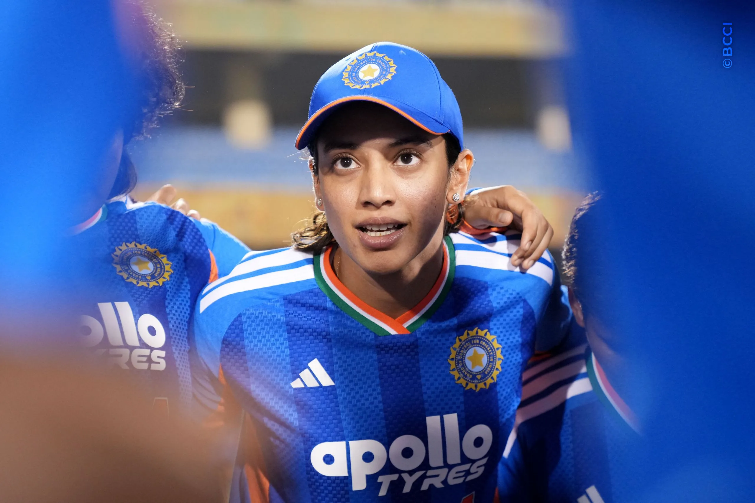 Smriti Mandhana (C) of India in a huddle during the 1st T20I match between India Women and Zimbabwe Women at the Shaheed Veer Narayan Singh International Stadium, Raipur, India on October 16, 2026.Photo: Faheem Hussain / CREIMAS for BCCI
