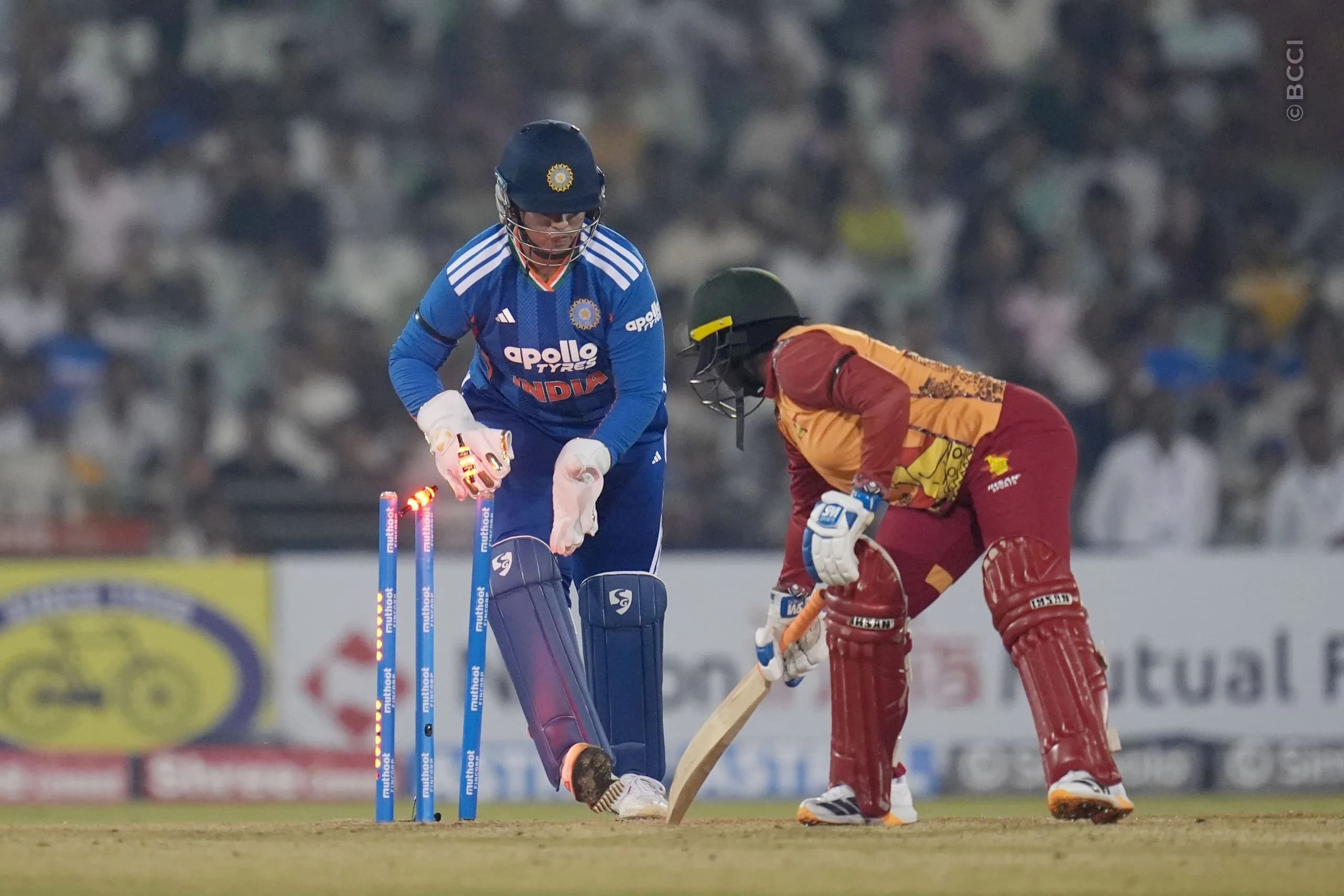 Richa Ghosh of India stump out Michelle Mavunga of Zimbabwe during the 1st T20I match between India Women and Zimbabwe Women at the Shaheed Veer Narayan Singh International Stadium, Raipur, India on October 16, 2026.Photo: Faheem Hussain / CREIMAS for BCCI