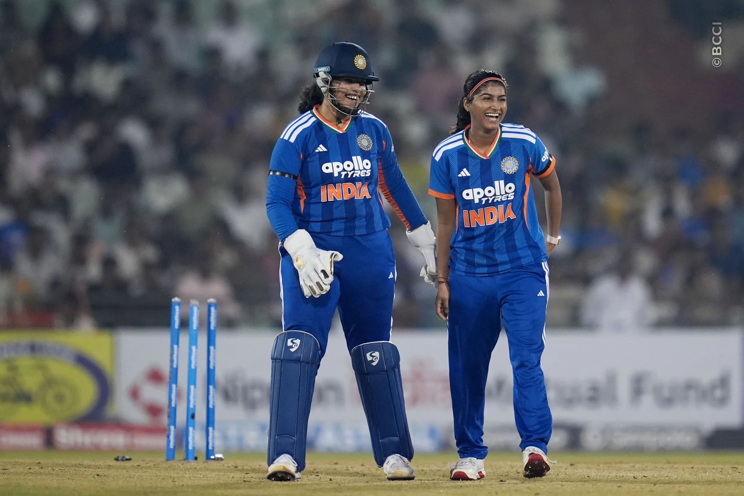 Richa Ghosh of India and Nandni Sharma of India celebrates the wicket of Nyasha Gwanzura of Zimbabwe during the 1st T20I match between India Women and Zimbabwe Women at the Shaheed Veer Narayan Singh International Stadium, Raipur, India on October 16, 2026.Photo: Faheem Hussain / CREIMAS for BCCI