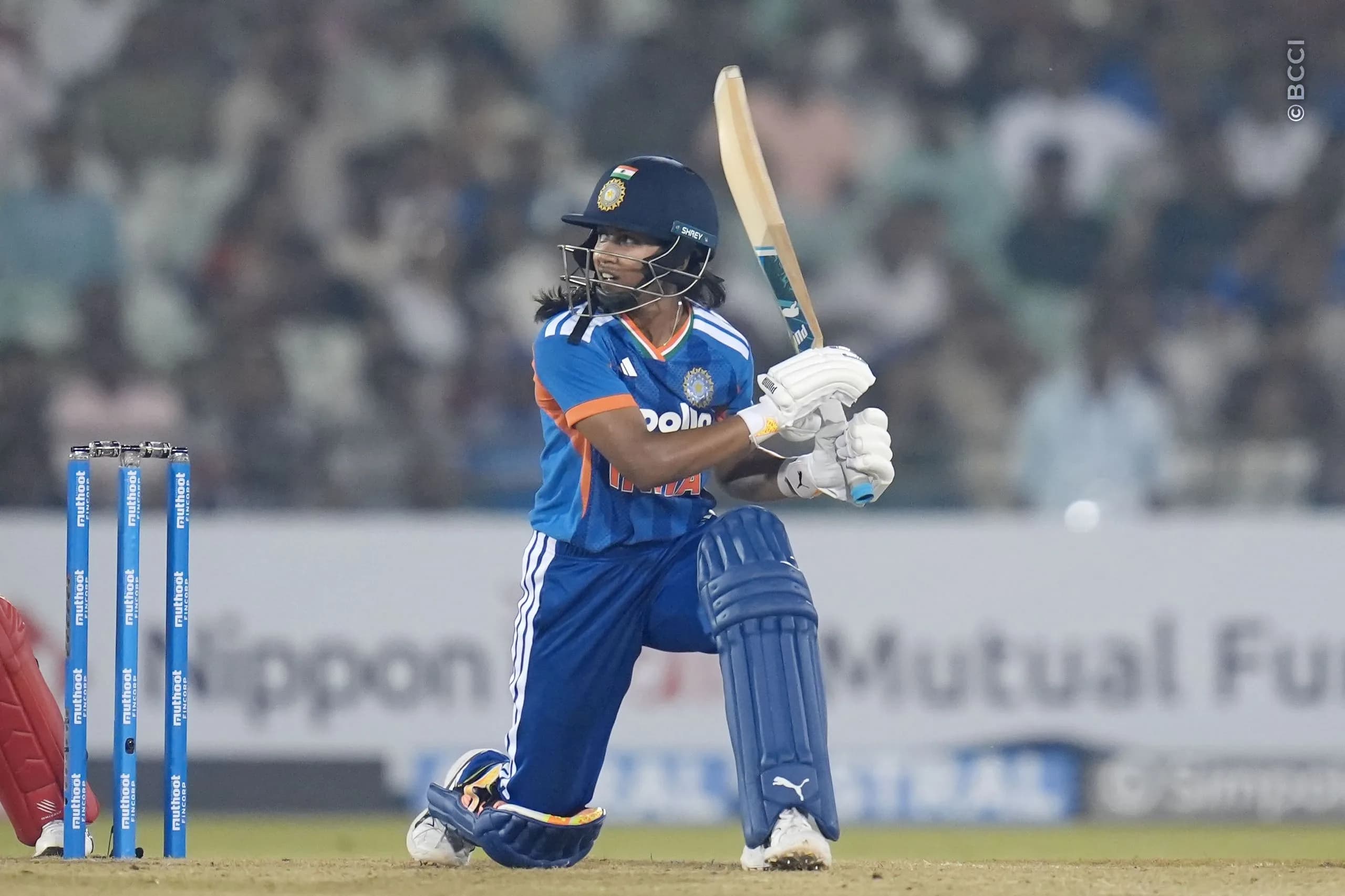 Niki Prasad of India during the 1st T20I match between India Women and Zimbabwe Women at the Shaheed Veer Narayan Singh International Stadium, Raipur, India on October 16, 2026.Photo: Faheem Hussain / CREIMAS for BCCI