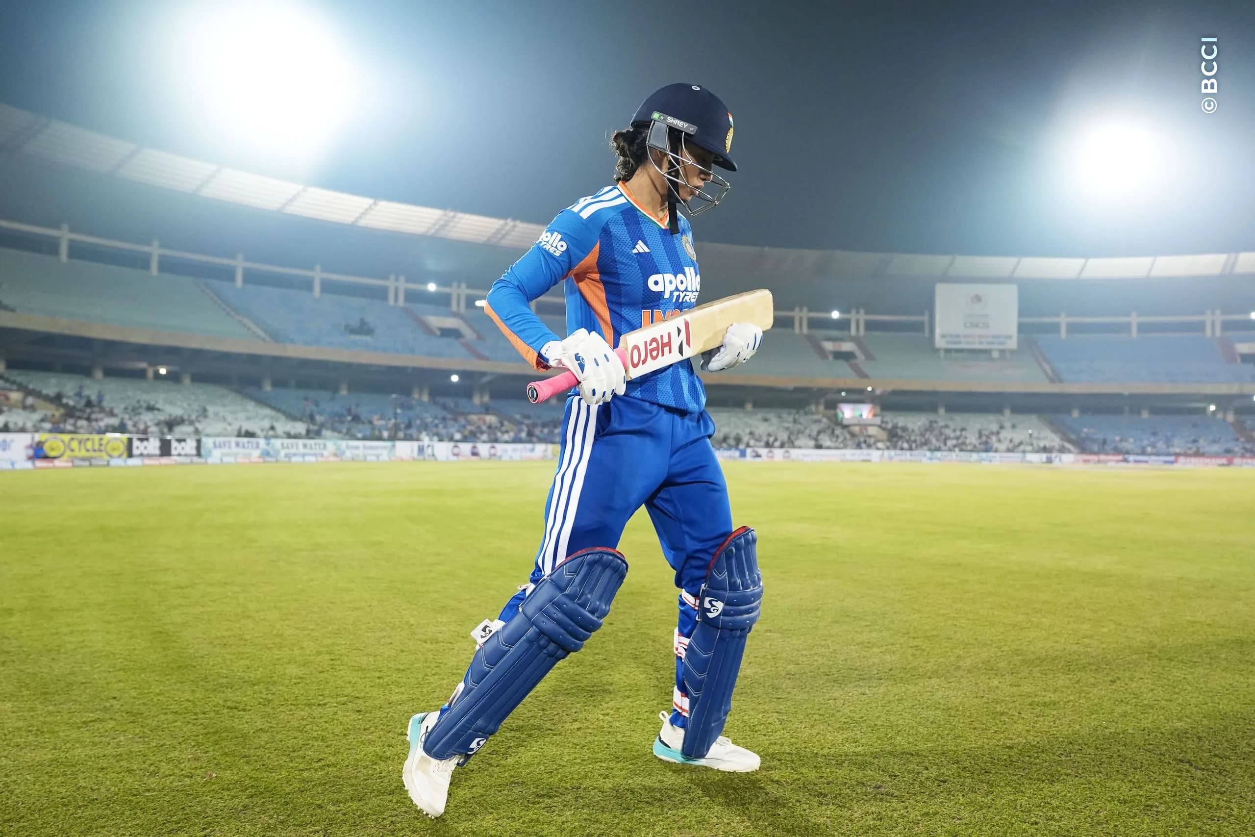 Smriti Mandhana (C) of India during the 1st T20I match between India Women and Zimbabwe Women at the Shaheed Veer Narayan Singh International Stadium, Raipur, India on October 16, 2026.Photo: Faheem Hussain / CREIMAS for BCCI
