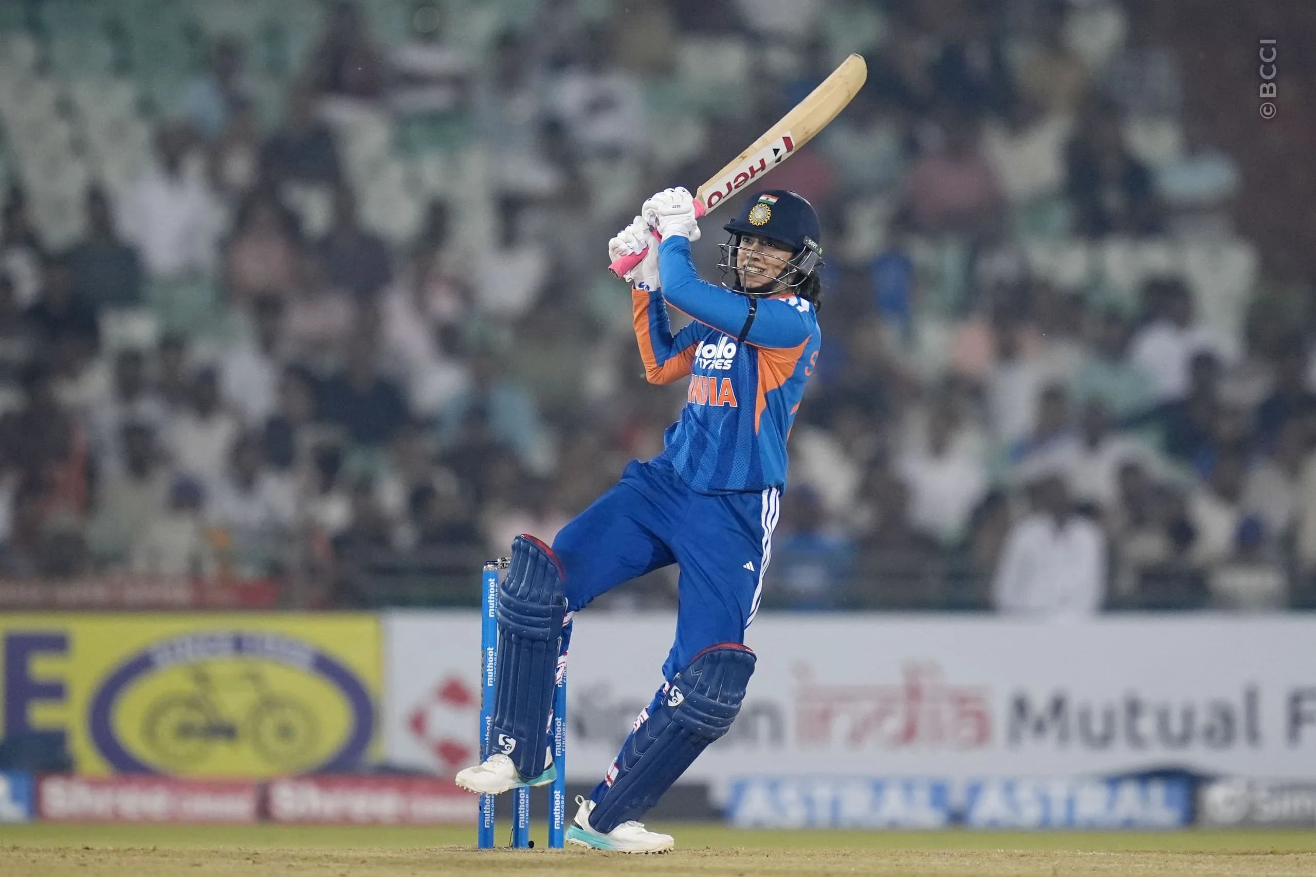 Smriti Mandhana (C) of India during the 1st T20I match between India Women and Zimbabwe Women at the Shaheed Veer Narayan Singh International Stadium, Raipur, India on October 16, 2026.Photo: Faheem Hussain / CREIMAS for BCCI