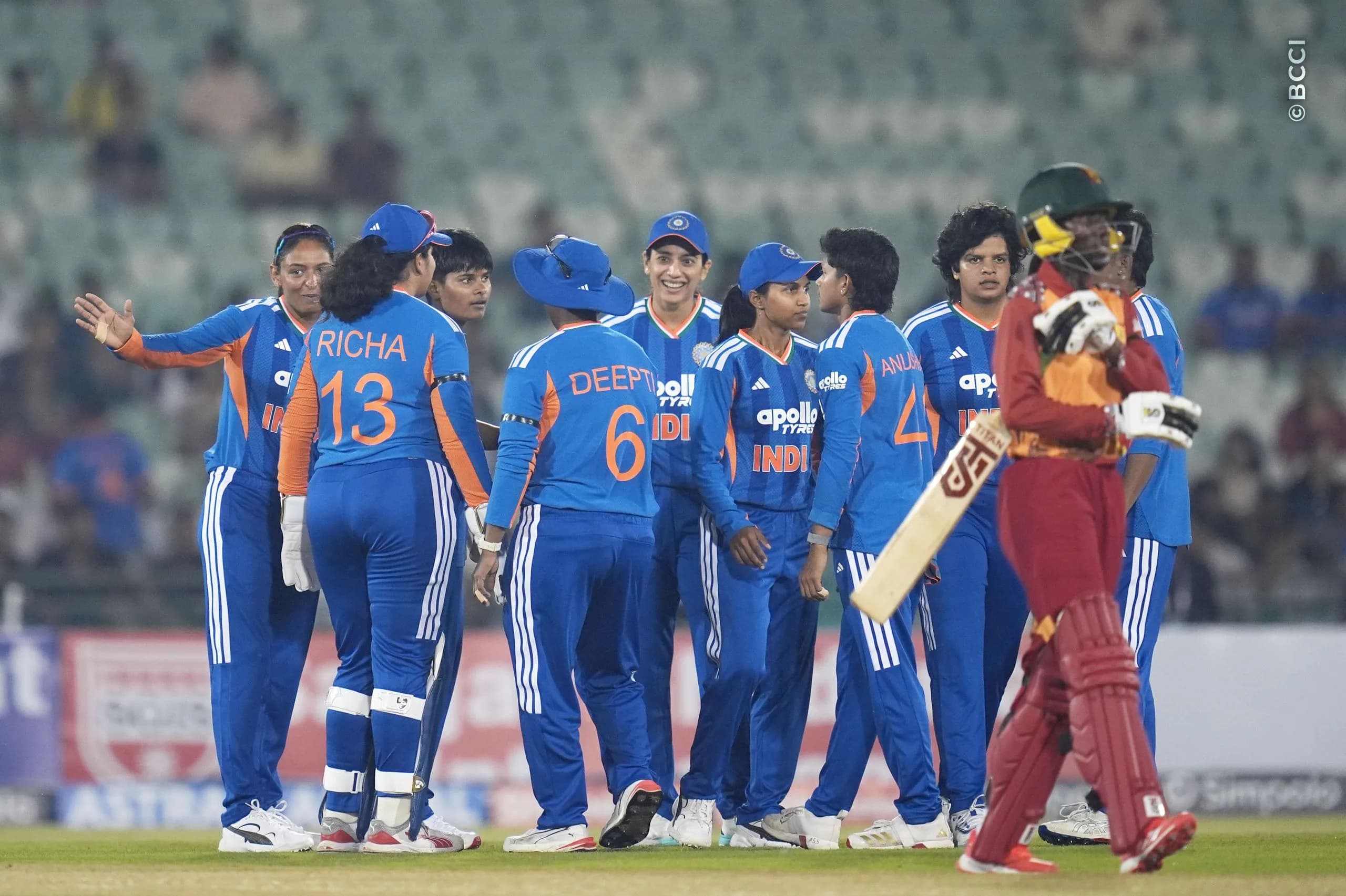Kranti Gaud of India celebrates the wicket of Beloved Biza of Zimbabwe during the 1st T20I match between India Women and Zimbabwe Women at the Shaheed Veer Narayan Singh International Stadium, Raipur, India on October 16, 2026.Photo: Faheem Hussain / CREIMAS for BCCI
