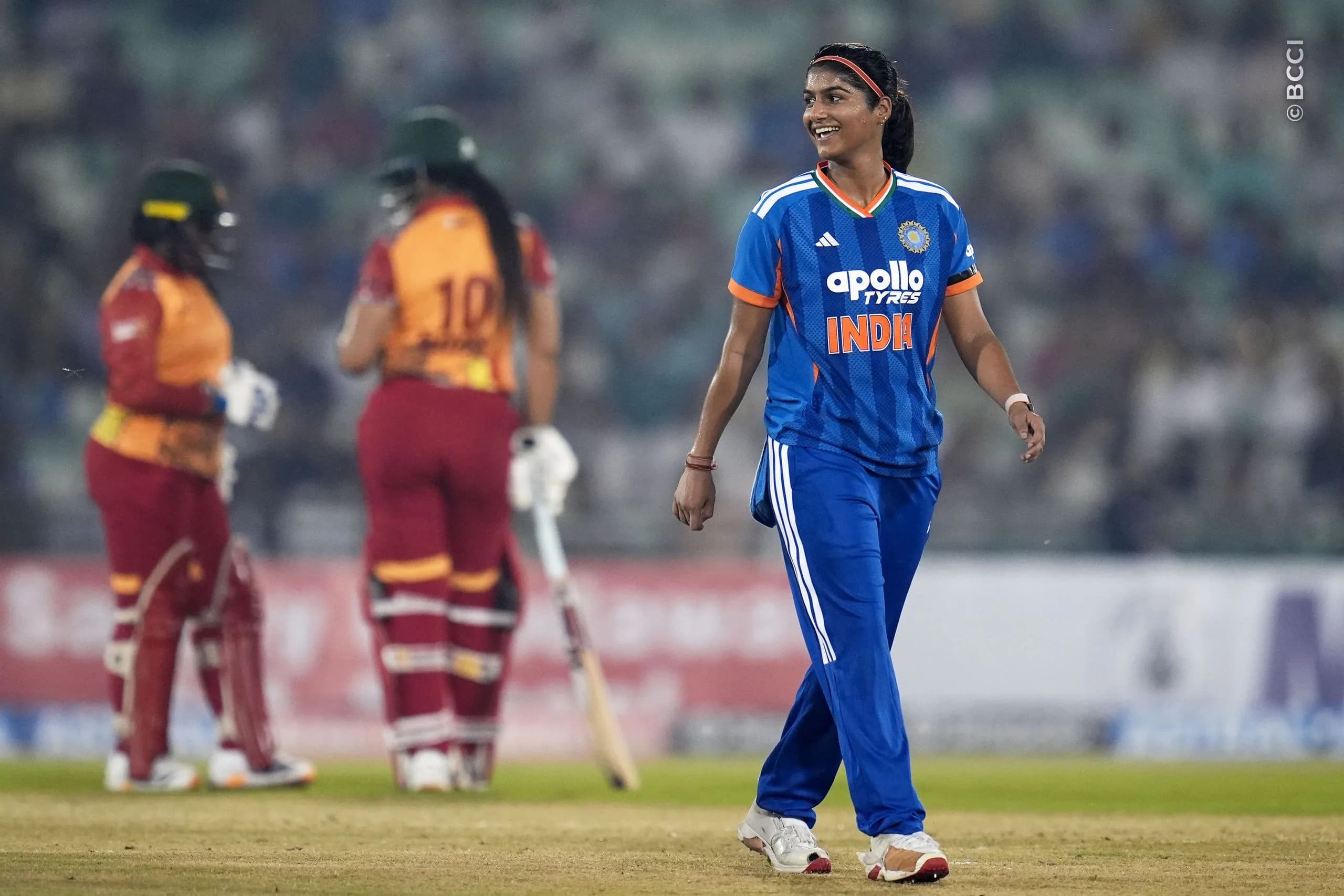 Nandni Sharma of India during the 1st T20I match between India Women and Zimbabwe Women at the Shaheed Veer Narayan Singh International Stadium, Raipur, India on October 16, 2026.Photo: Faheem Hussain / CREIMAS for BCCI