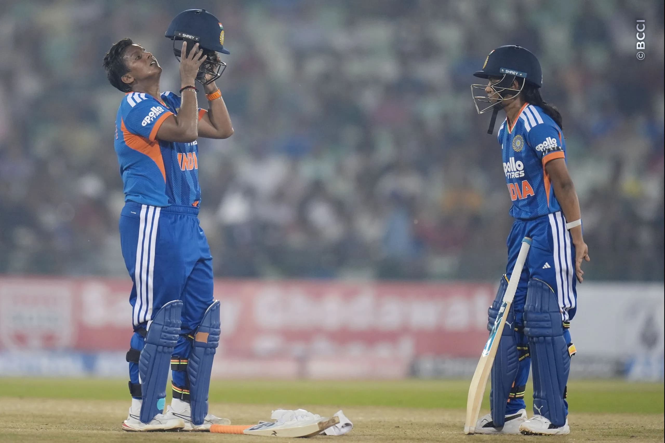 Deepti Sharma of India and Niki Prasad of India during the 1st T20I match between India Women and Zimbabwe Women at the Shaheed Veer Narayan Singh International Stadium, Raipur, India on October 16, 2026.Photo: Faheem Hussain / CREIMAS for BCCI