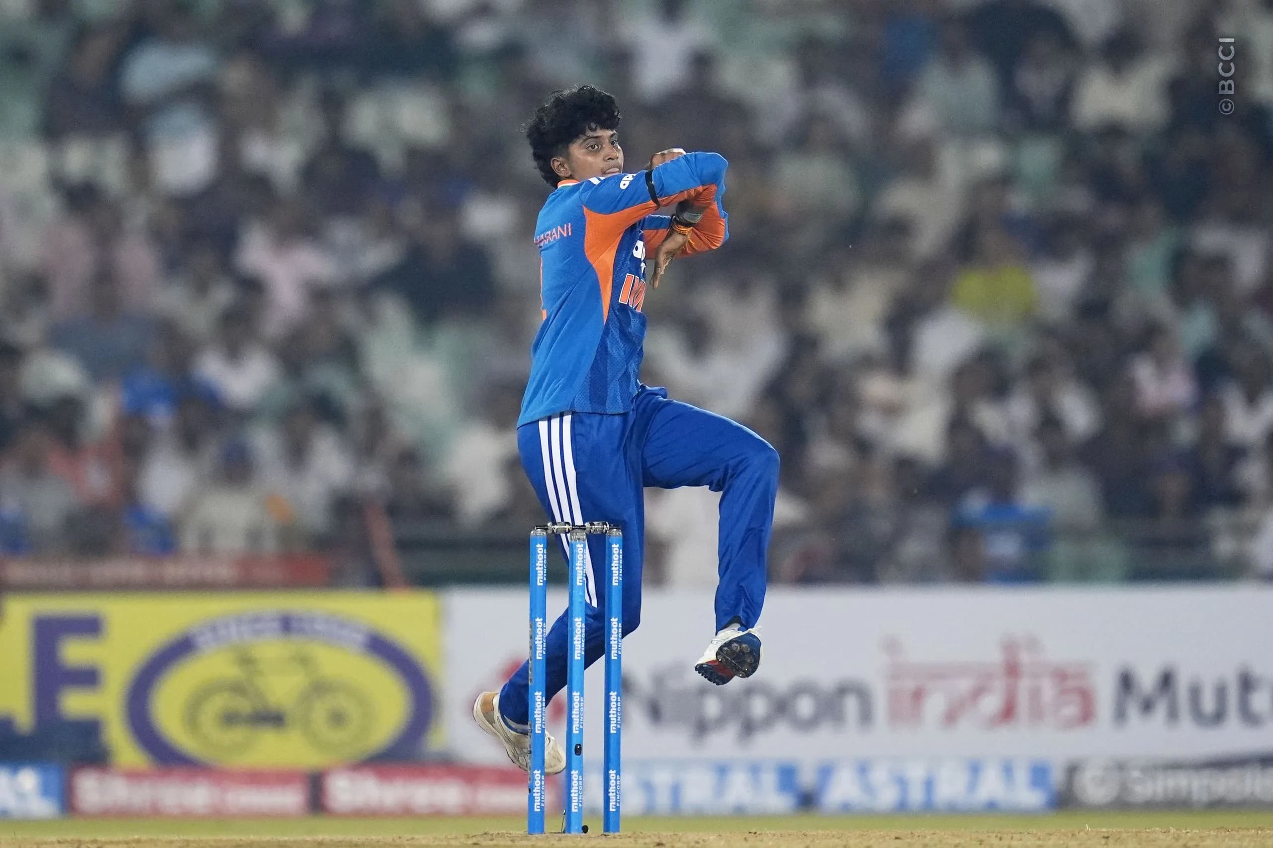 Shree Charani of India during the 1st T20I match between India Women and Zimbabwe Women at the Shaheed Veer Narayan Singh International Stadium, Raipur, India on October 16, 2026.Photo: Faheem Hussain / CREIMAS for BCCI