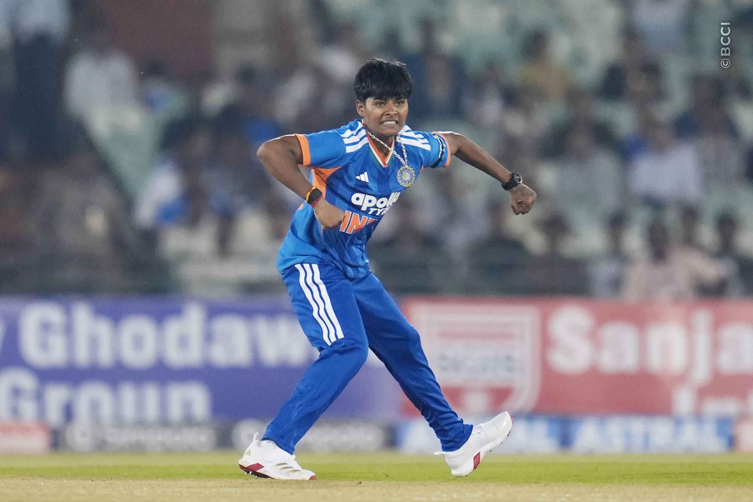 Kranti Gaud of India celebrates the wicket of Beloved Biza of Zimbabwe during the 1st T20I match between India Women and Zimbabwe Women at the Shaheed Veer Narayan Singh International Stadium, Raipur, India on October 16, 2026.Photo: Faheem Hussain / CREIMAS for BCCI