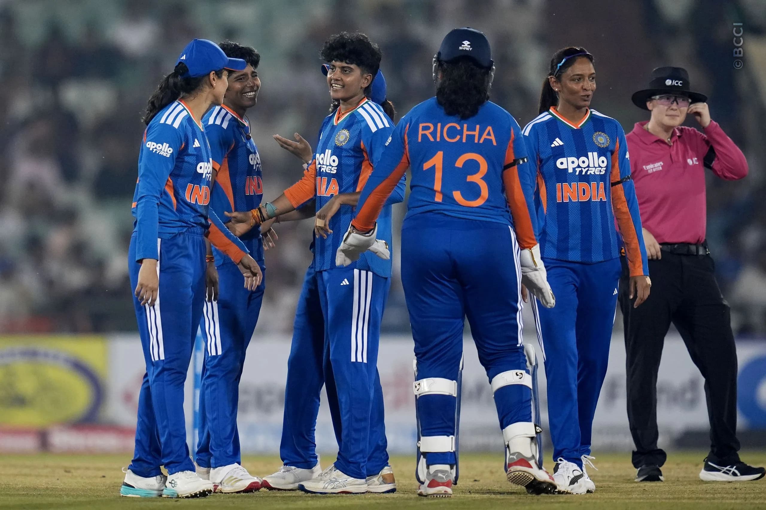 Arundhati Reddy of India celebrates the wicket of Kelis Ndhlovu (VC) of Zimbabwe during the 1st T20I match between India Women and Zimbabwe Women at the Shaheed Veer Narayan Singh International Stadium, Raipur, India on October 16, 2026.Photo: Faheem Hussain / CREIMAS for BCCI