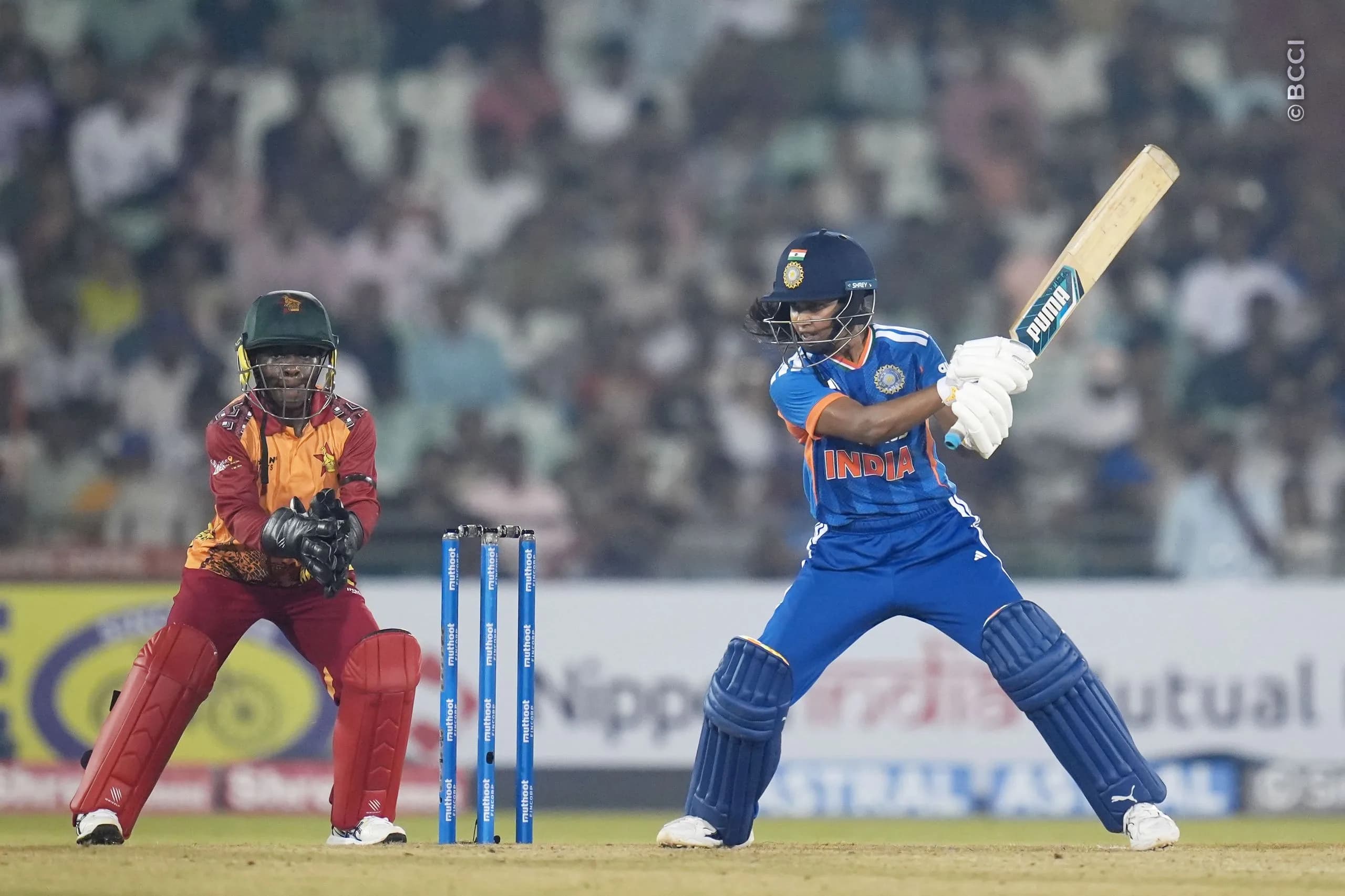 Niki Prasad of India during the 1st T20I match between India Women and Zimbabwe Women at the Shaheed Veer Narayan Singh International Stadium, Raipur, India on October 16, 2026.Photo: Faheem Hussain / CREIMAS for BCCI