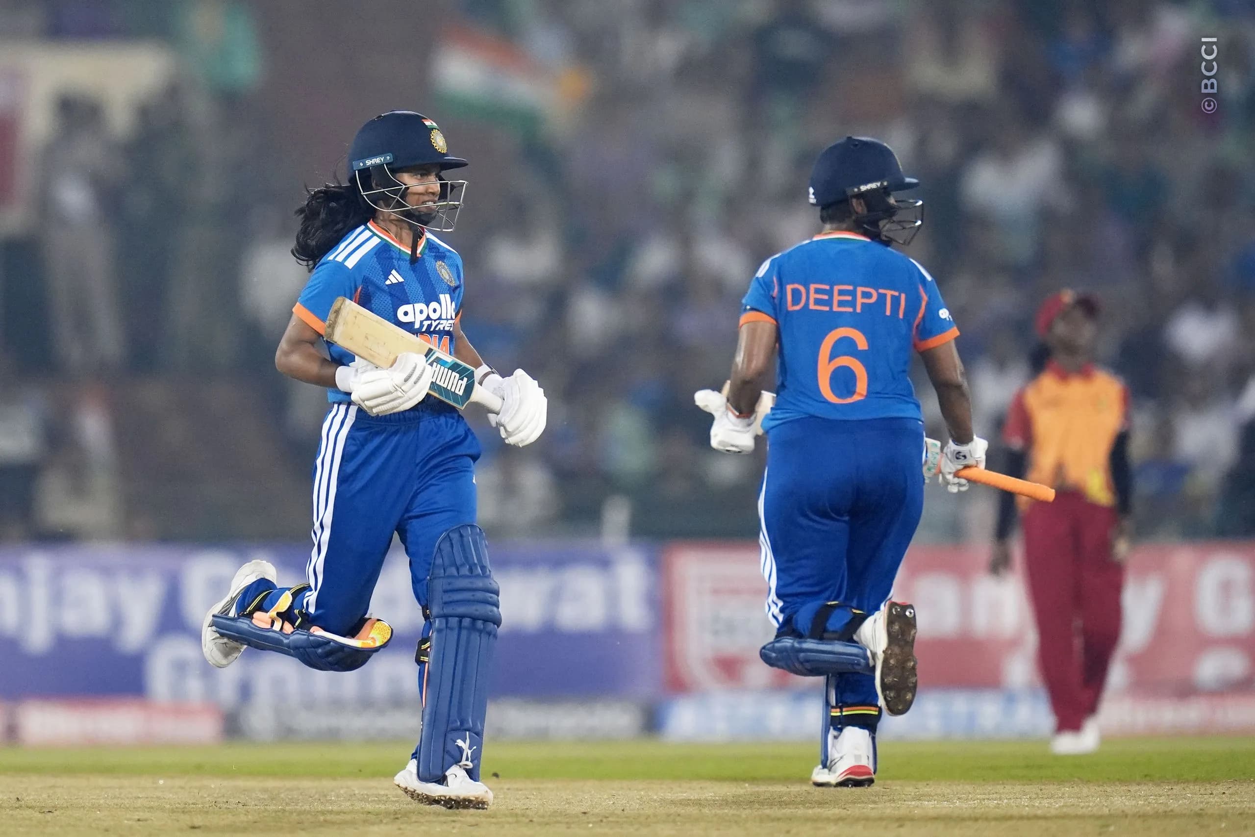 Deepti Sharma of India and Niki Prasad of India running between the wickets during the 1st T20I match between India Women and Zimbabwe Women at the Shaheed Veer Narayan Singh International Stadium, Raipur, India on October 16, 2026.Photo: Faheem Hussain / CREIMAS for BCCI