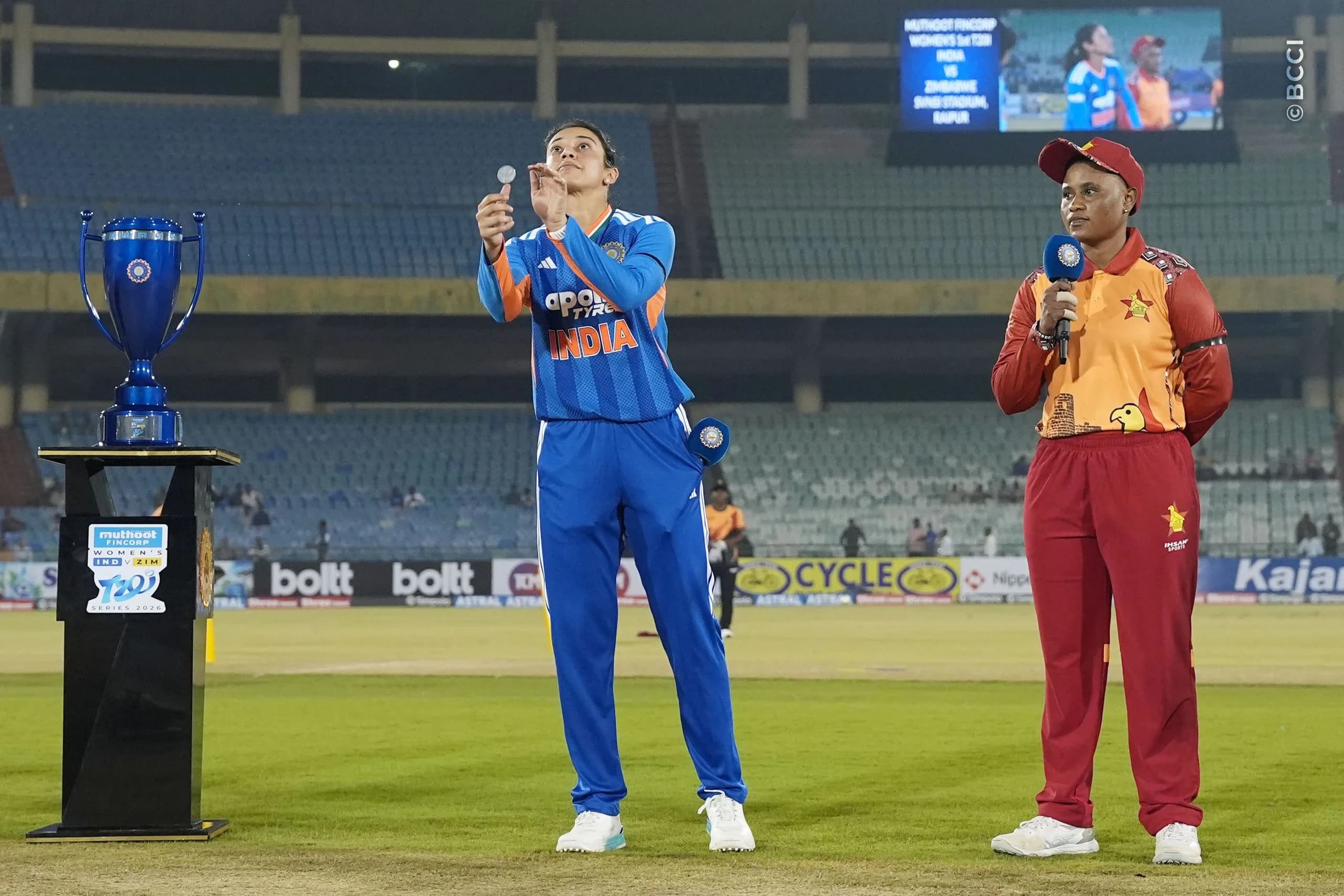 Smriti Mandhana (C) of India and Josephine Nkomo (C) of Zimbabwe at the toss during the 1st T20I match between India Women and Zimbabwe Women at the Shaheed Veer Narayan Singh International Stadium, Raipur, India on October 16, 2026.Photo: Faheem Hussain / CREIMAS for BCCI