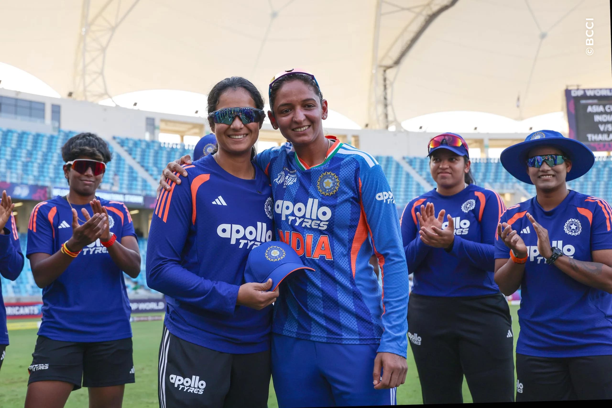 Pratika Rawal of India receives the debut cap from Harmanpreet Kaur, Captain of India before the start of the Match 3 of the DP World Womenâs T20 Asia Cup 2026 between India and Thailand at Dubai International Cricket Stadium, Dubai, United Arab Emirates, on August 30, 2026.
