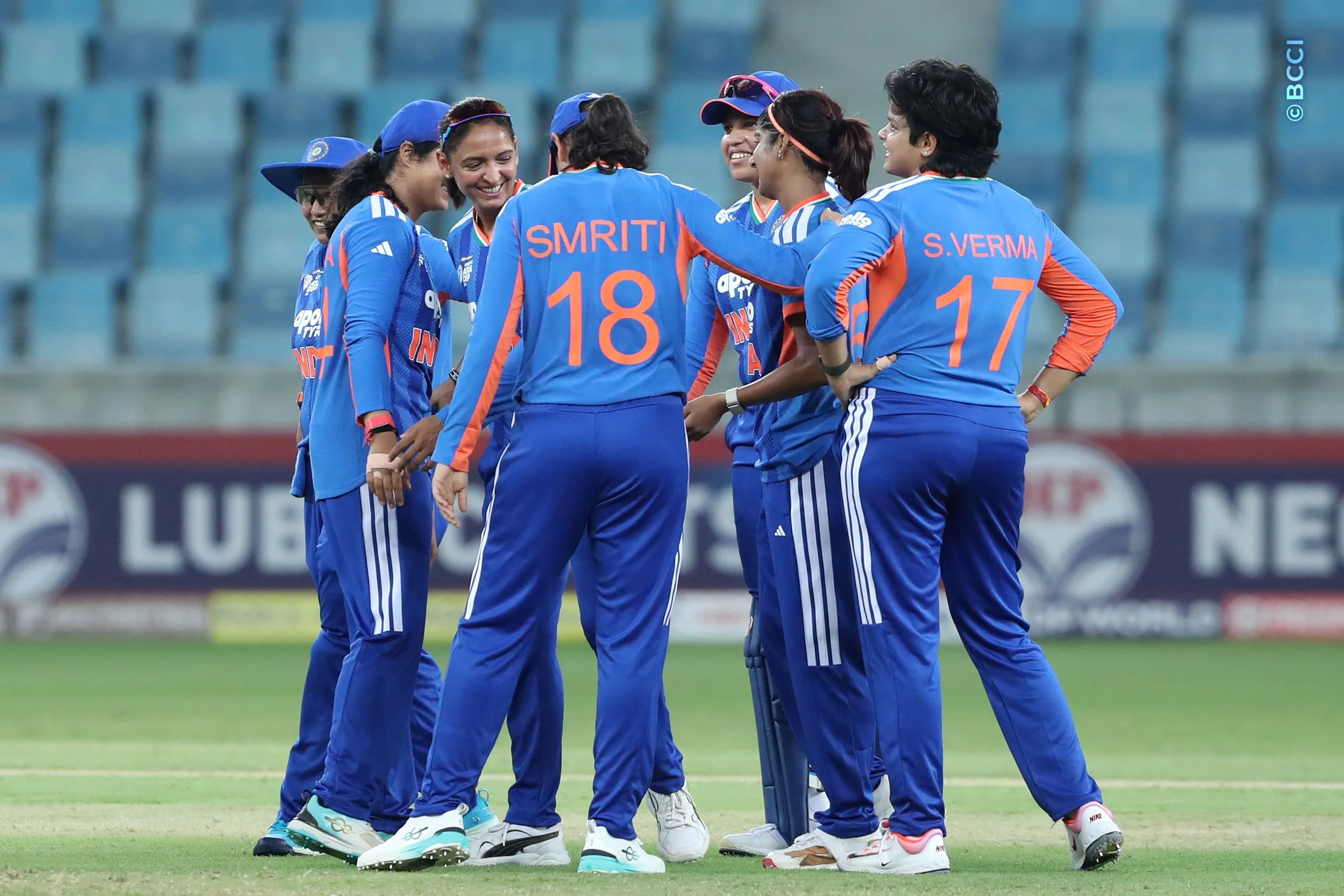 Indian players during Match 3 of the DP World Womenâs T20 Asia Cup 2026 between India and Thailand at Dubai International Cricket Stadium, Dubai, United Arab Emirates, on August 30, 2026.

Photo by Satish Kumar / CREIMAS for BCCI