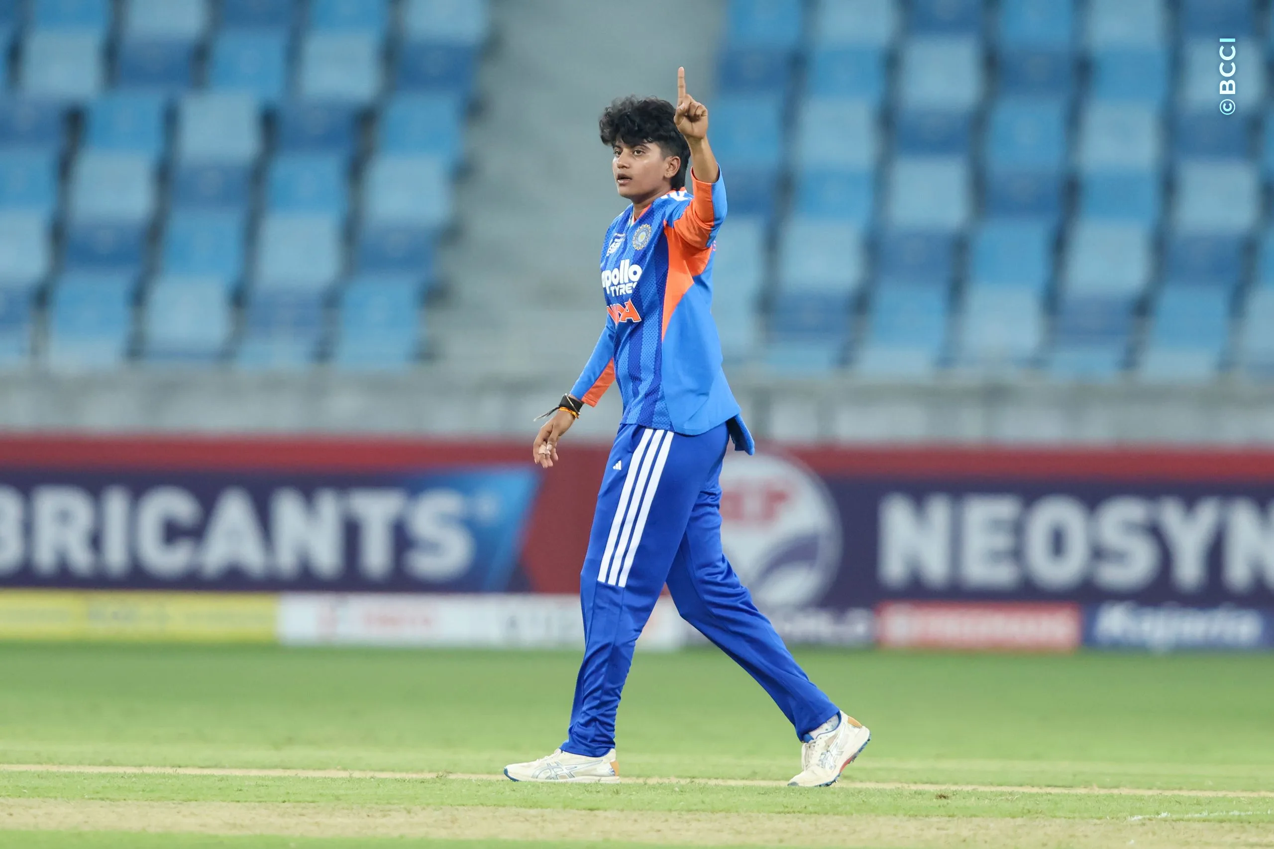 Sree Charani of India celebrates the wicket of Aphisara Suwanchonrathi of Thailand during the Match 3 of the DP World Womenâs T20 Asia Cup 2026 between India and Thailand at Dubai International Cricket Stadium, Dubai, United Arab Emirates, on August 30, 2026.