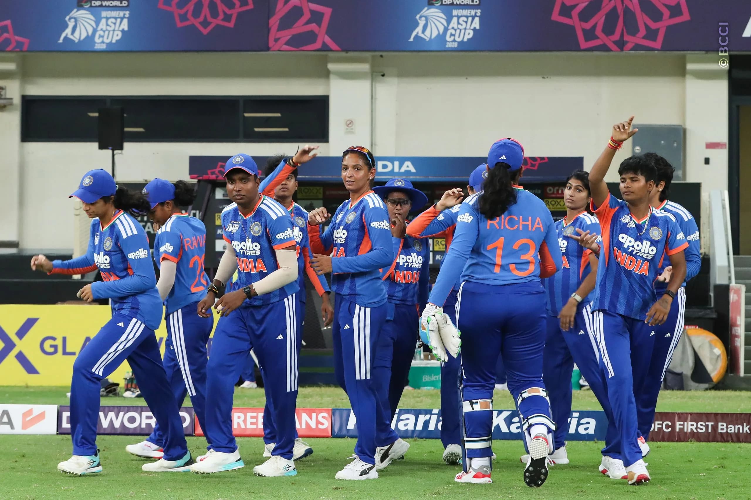 Indian players during Match 3 of the DP World Womenâs T20 Asia Cup 2026 between India and Thailand at Dubai International Cricket Stadium, Dubai, United Arab Emirates, on August 30, 2026.

Photo by Satish Kumar / CREIMAS for BCCI