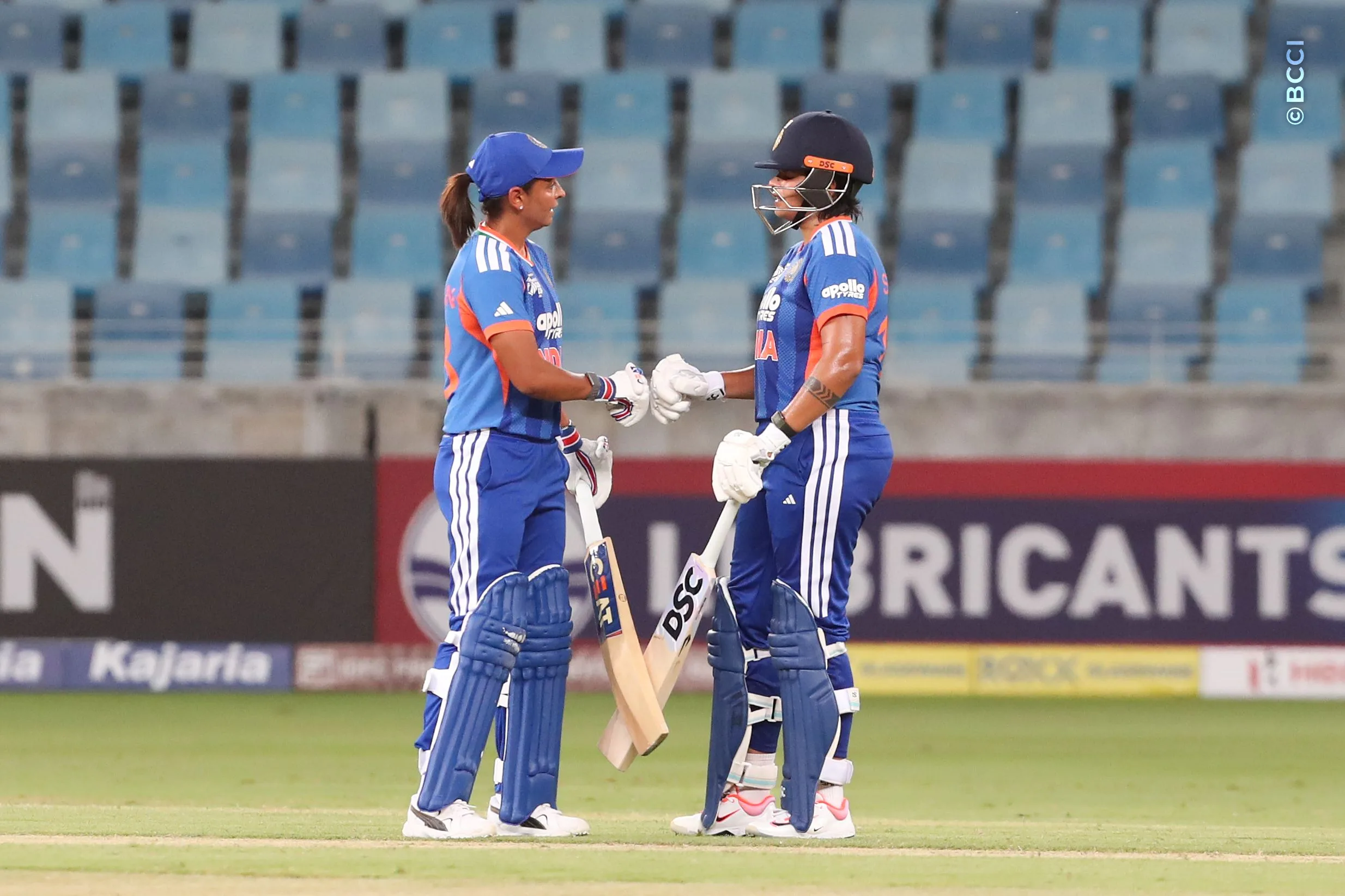 Shafali Verma and Harmanpreet Kaur of India during Match 3 of the DP World Womenâs T20 Asia Cup 2026 between India and Thailand at Dubai International Cricket Stadium, Dubai, United Arab Emirates, on August 30, 2026.

Photo by Satish Kumar / CREIMAS for BCCI