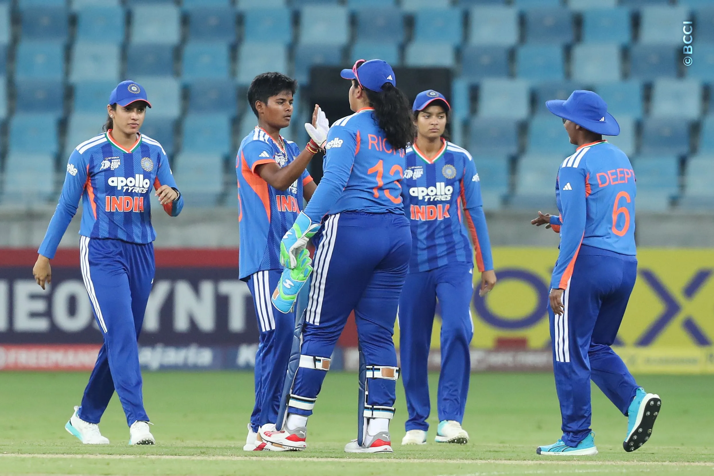Indian players celebrates a wicket during Match 3 of the DP World Womenâs T20 Asia Cup 2026 between India and Thailand at Dubai International Cricket Stadium, Dubai, United Arab Emirates, on August 30, 2026.

Photo by Satish Kumar / CREIMAS for BCCI