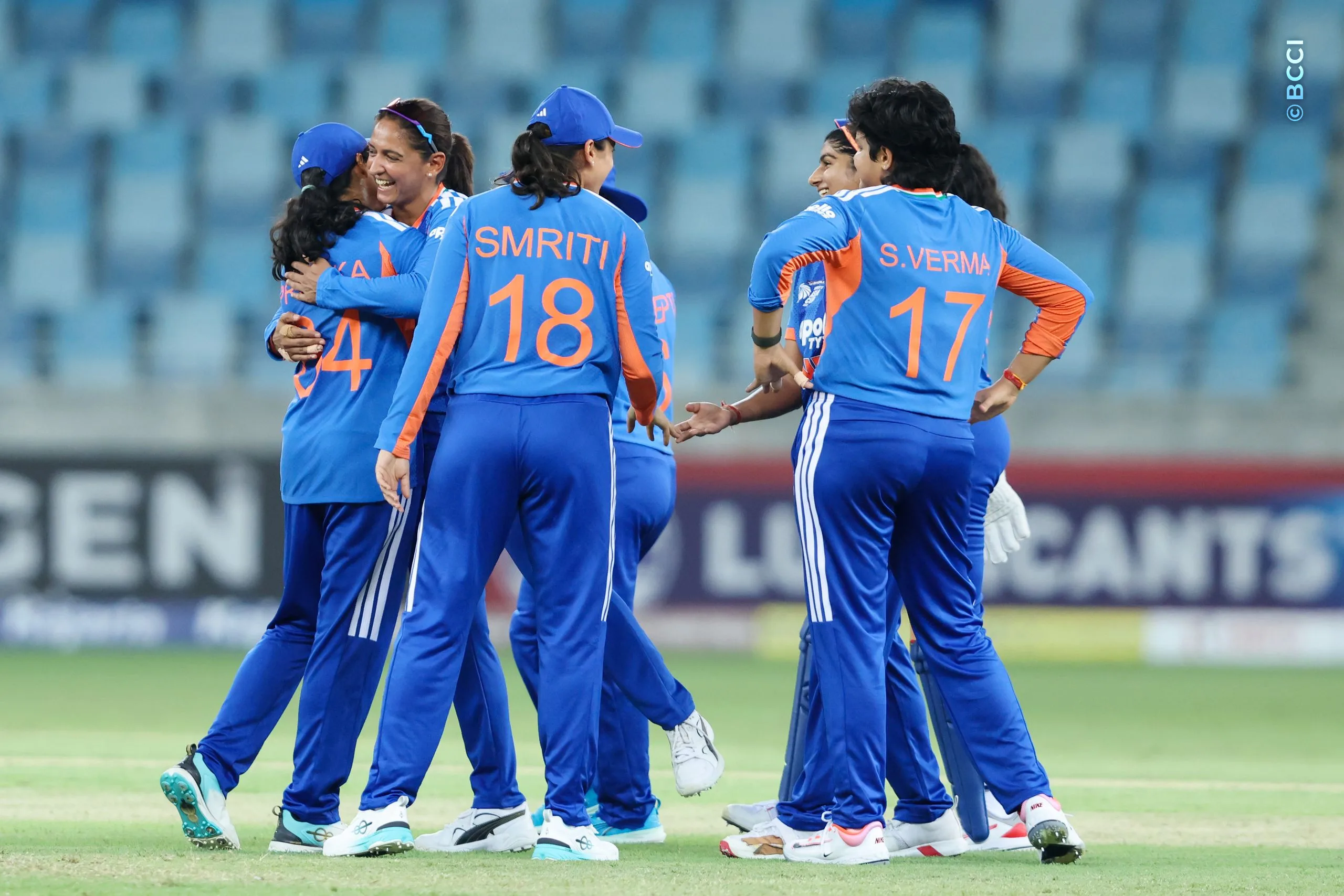 India players celebrates the wicket of Phannita Maya of Thailand during the Match 3 of the DP World Womenâs T20 Asia Cup 2026 between India and Thailand at Dubai International Cricket Stadium, Dubai, United Arab Emirates, on August 30, 2026.