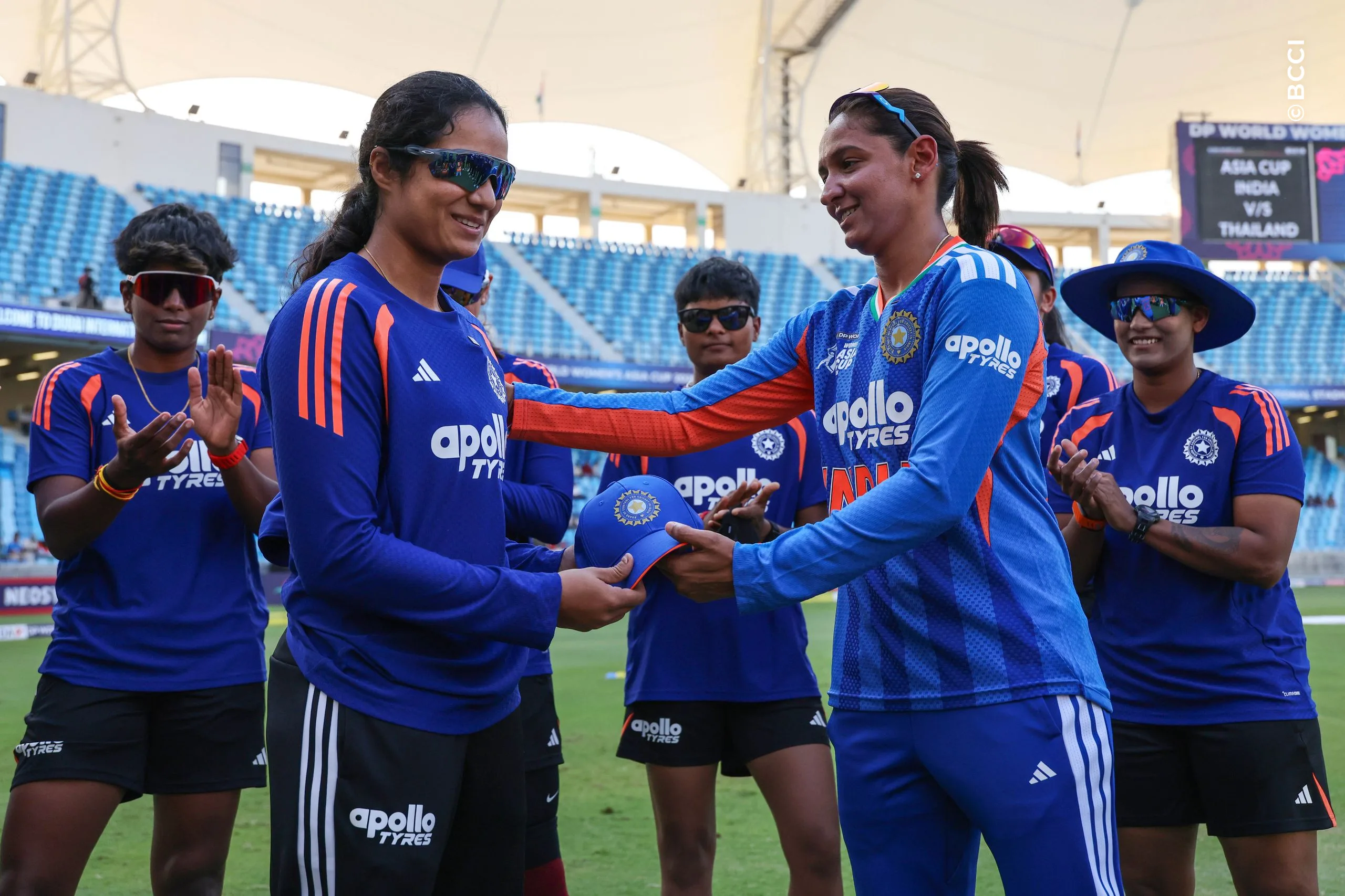 Pratika Rawal of India receives the debut cap from Harmanpreet Kaur, Captain of India before the start of the Match 3 of the DP World Womenâs T20 Asia Cup 2026 between India and Thailand at Dubai International Cricket Stadium, Dubai, United Arab Emirates, on August 30, 2026.