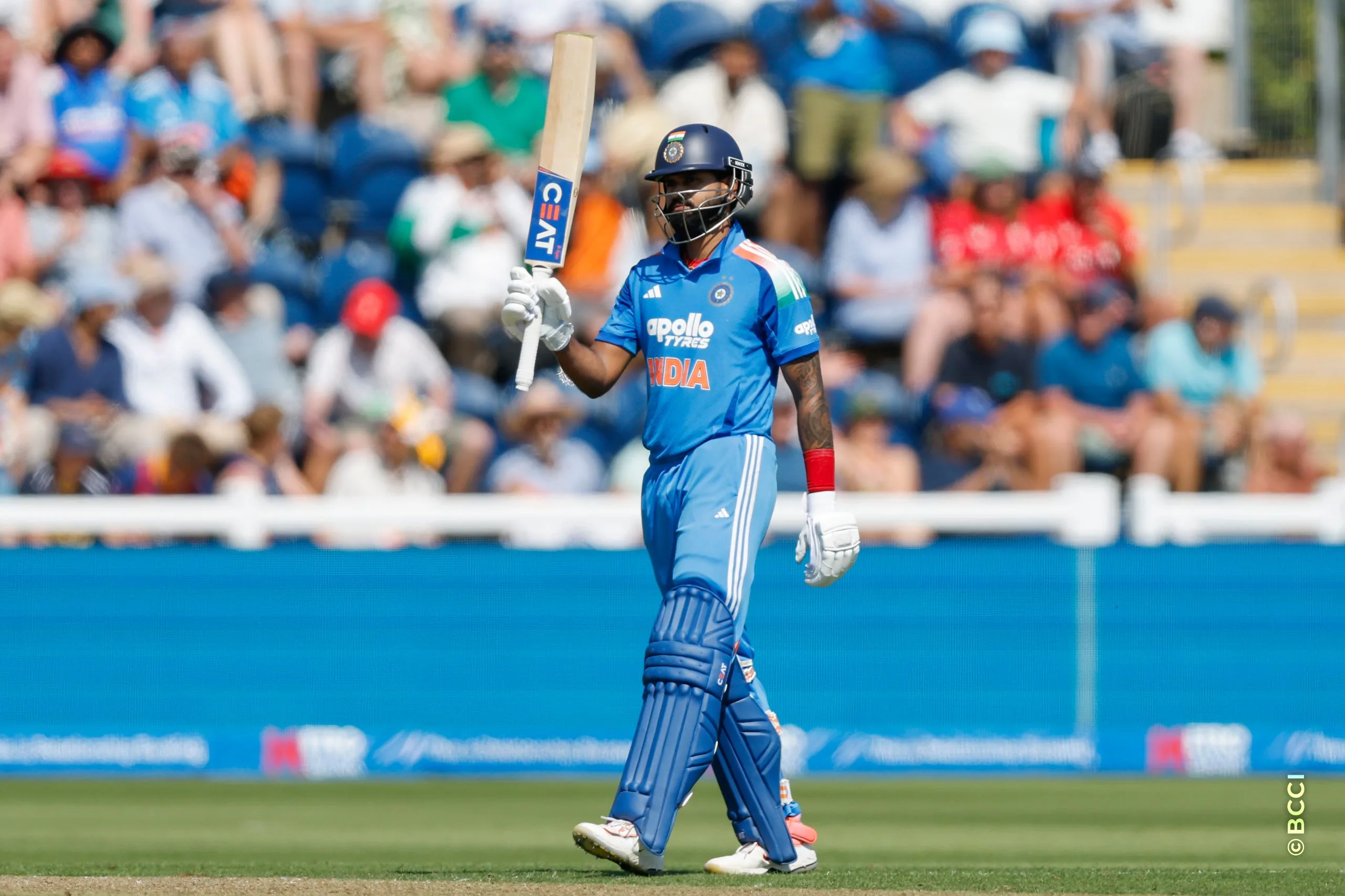 Shreyas Iyer of India raises his bat after scoring a fifty during the 2nd ODI match between England and India at the Sophia Gardens, Cardiff, Wales on July 16, 2026.Photo: Deepak Malik / CREIMAS for BCCI