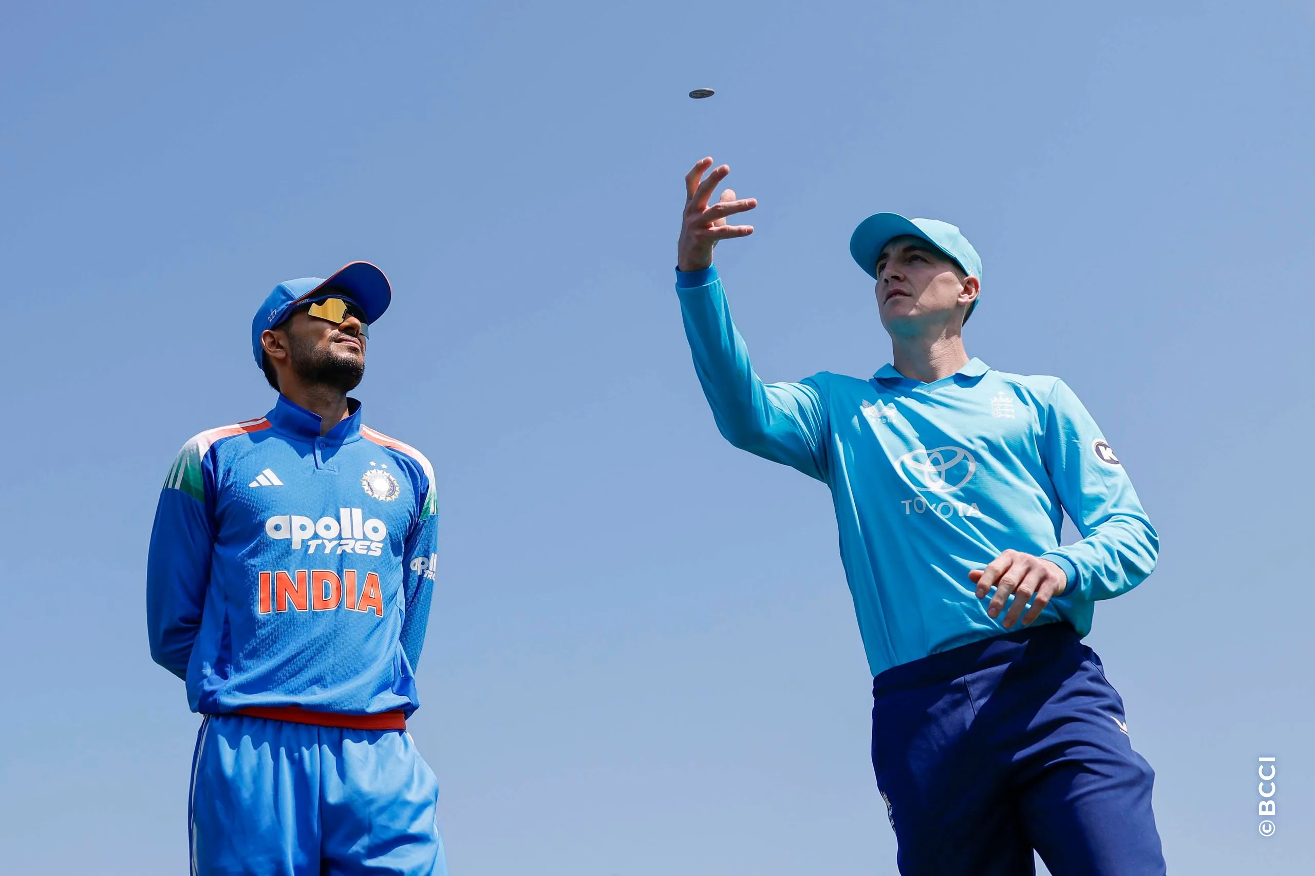 Shubman Gill (C) of India and Harry Brook at toss during the 2nd ODI match between England and India at the Sophia Gardens, Cardiff, Wales on July 16, 2026.Photo: Deepak Malik / CREIMAS for BCCI