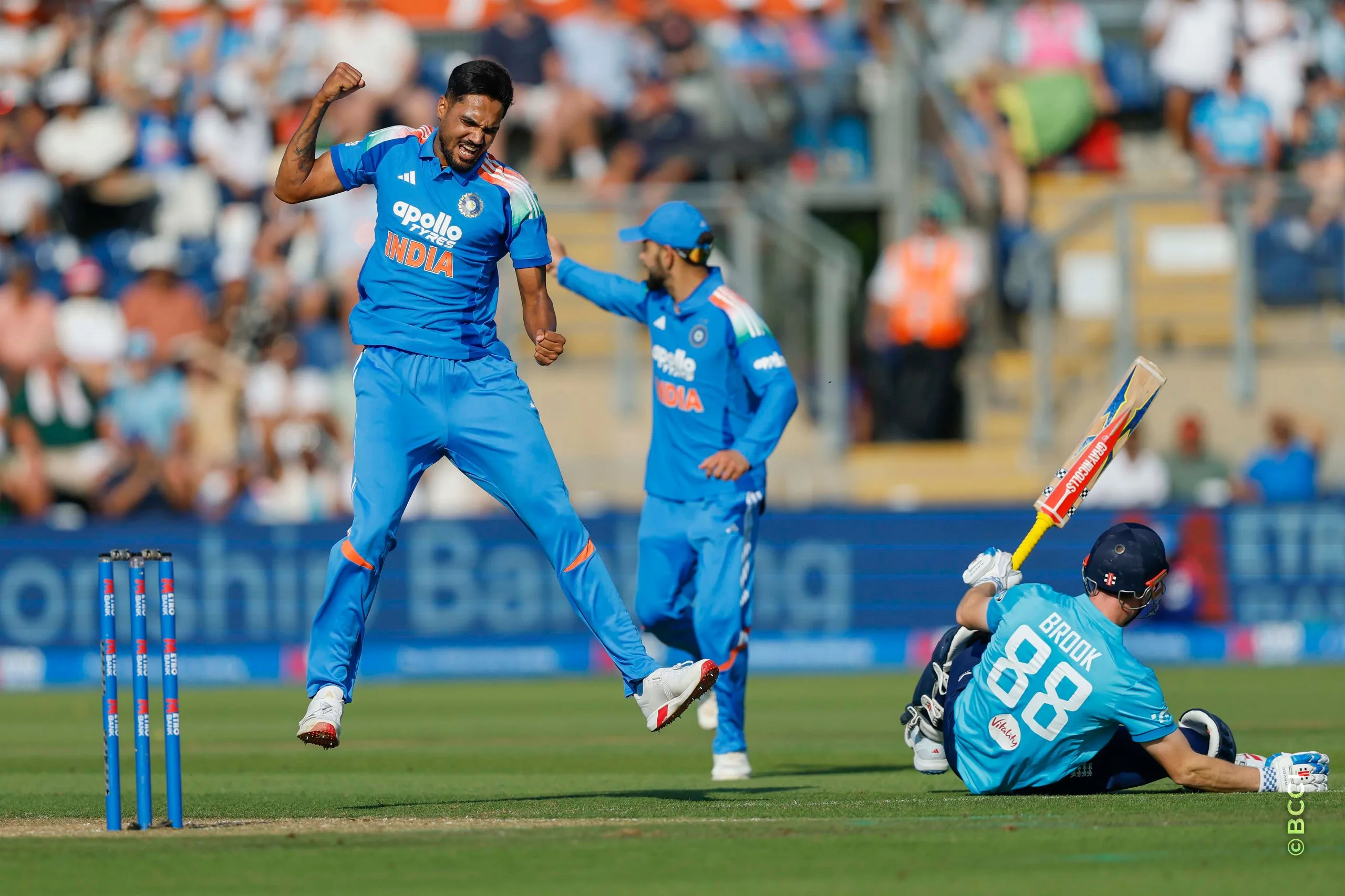 Gurnoor Brar of India celebrates the wicket of Harry Brook during the 2nd ODI match between England and India at the Sophia Gardens, Cardiff, Wales on July 16, 2026.Photo: Deepak Malik / CREIMAS for BCCI