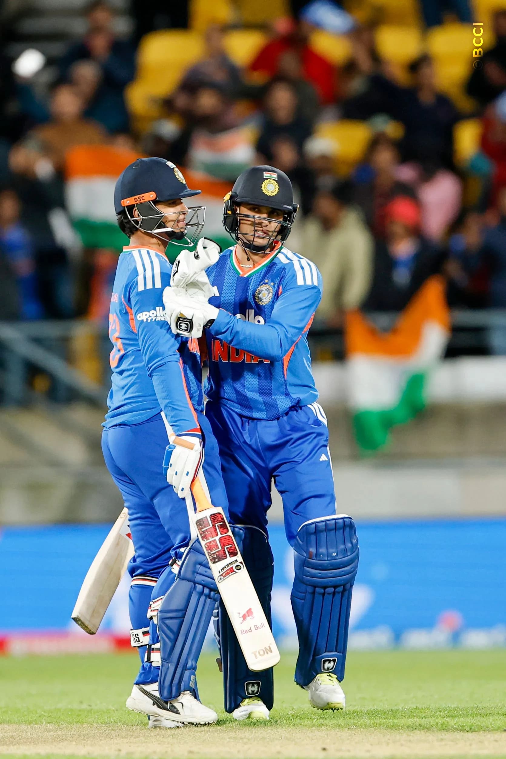 Abhishek Sharma of India celebrates the fifty with Vaibhav Sooryavanshi of India during the 3rd T20I match between New Zealand and India at the Hnry Stadium, Wellington, New Zealand on October 27, 2026.Photo: Surjeet Yadav / CREIMAS for BCCI