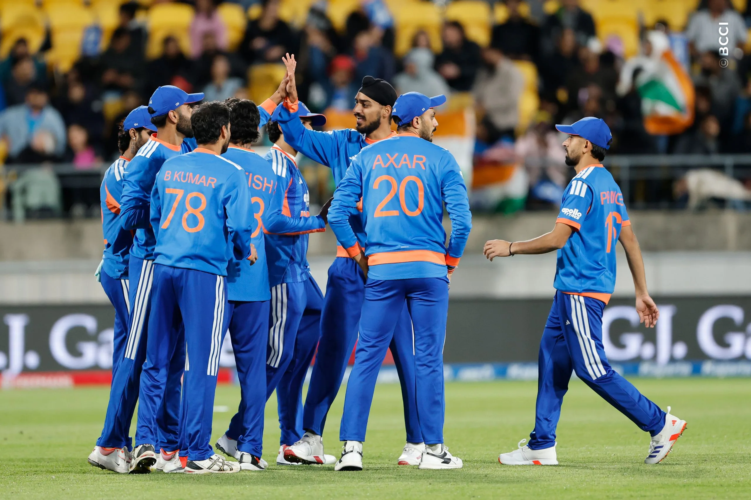 Nitish Kumar Reddy of India celebrates the wicket of Finn Allen of New Zealand during the 3rd T20I match between New Zealand and India at the Hnry Stadium, Wellington, New Zealand on October 27, 2026.Photo: Surjeet Yadav / CREIMAS for BCCI
