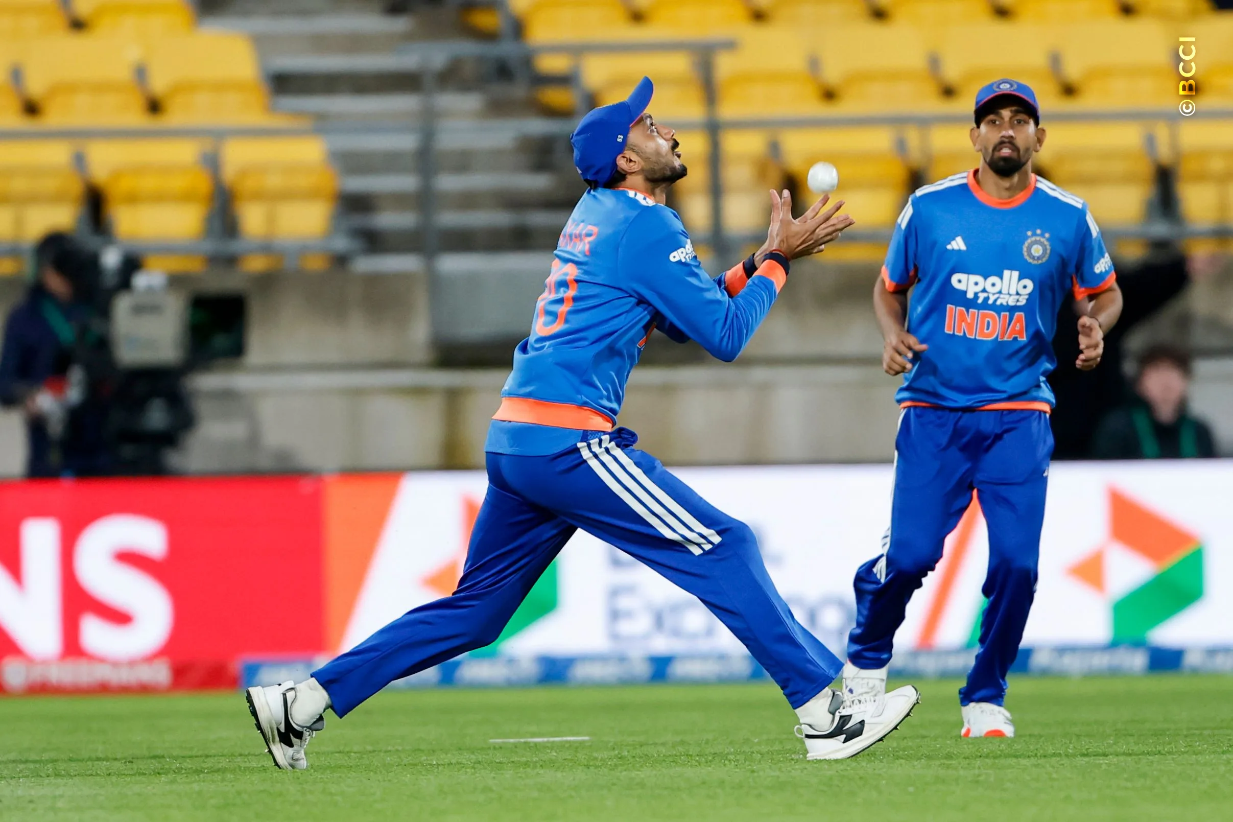 Axar Patel of India take a catch of  Tim Seifert of New Zealand during the 3rd T20I match between New Zealand and India at the Hnry Stadium, Wellington, New Zealand on October 27, 2026.Photo: Surjeet Yadav / CREIMAS for BCCI