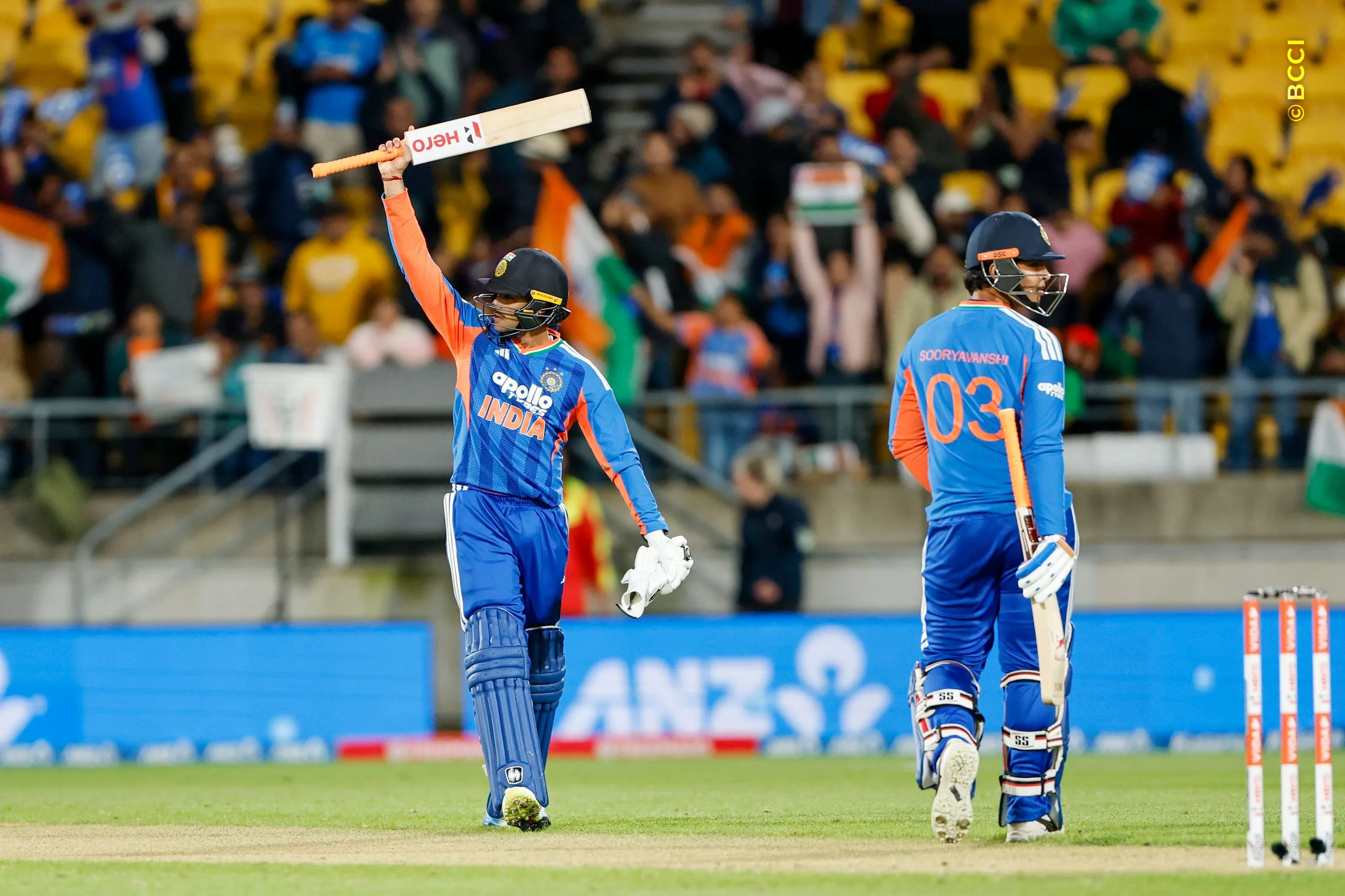 Abhishek Sharma of India raises his bat after scoring a fifty during the 3rd T20I match between New Zealand and India at the Hnry Stadium, Wellington, New Zealand on October 27, 2026.Photo: Surjeet Yadav / CREIMAS for BCCI