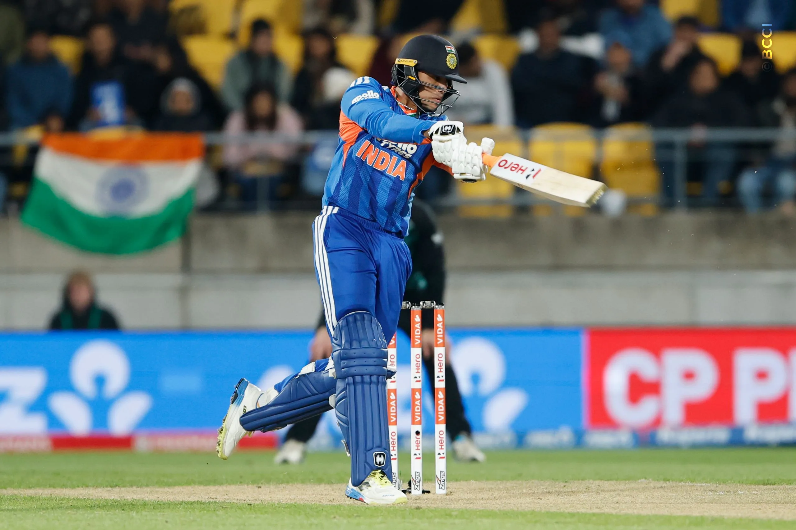 Abhishek Sharma of India plays a shot during the 3rd T20I match between New Zealand and India at the Hnry Stadium, Wellington, New Zealand on October 27, 2026.Photo: Surjeet Yadav / CREIMAS for BCCI