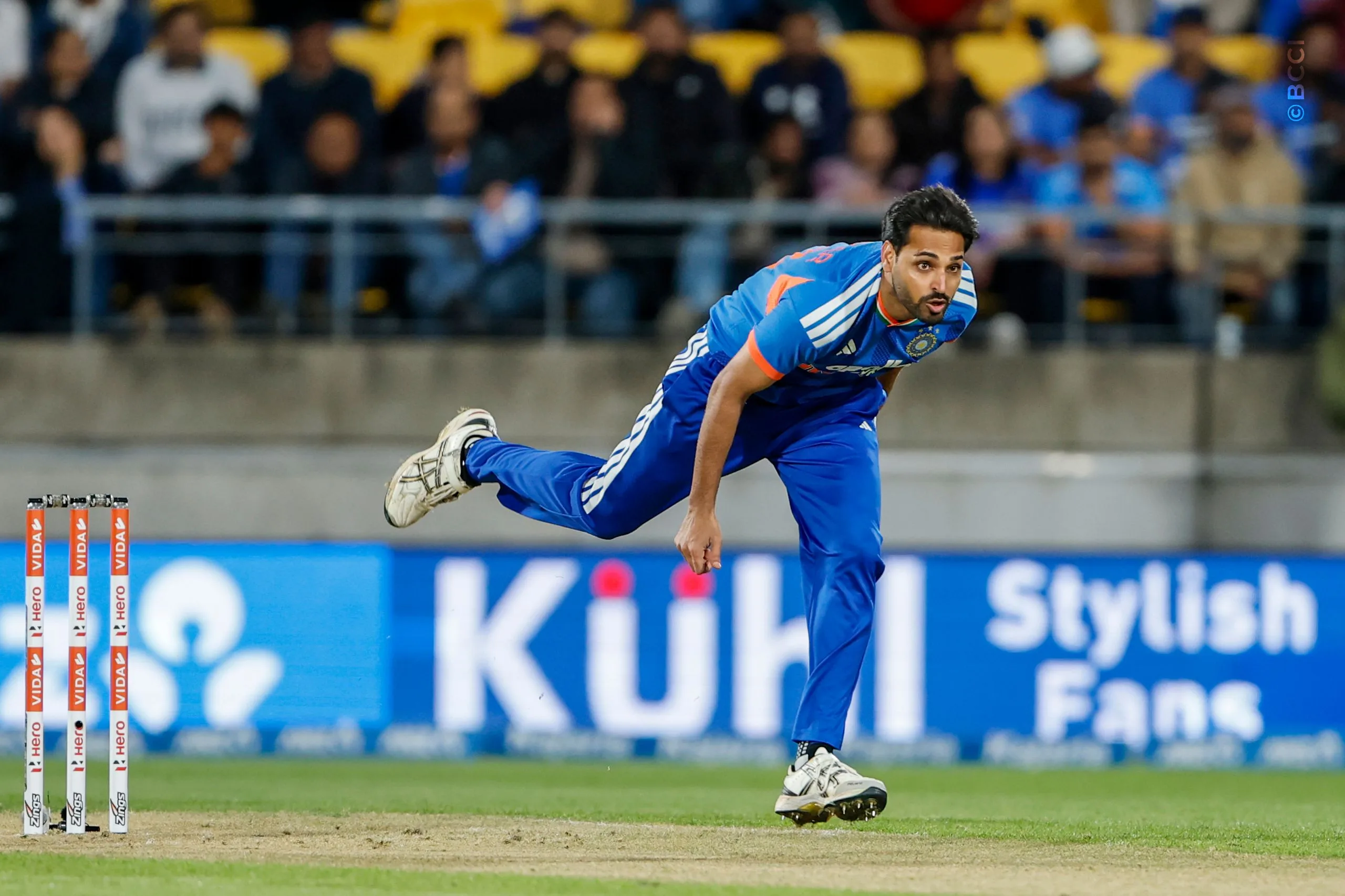 Bhuvneshwar Kumar of India bowls during the 3rd T20I match between New Zealand and India at the Hnry Stadium, Wellington, New Zealand on October 27, 2026.Photo: Surjeet Yadav / CREIMAS for BCCI